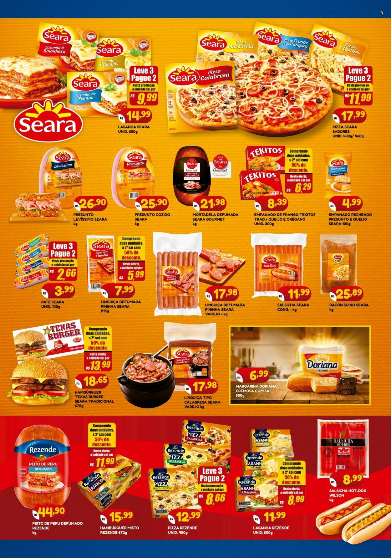 thumbnail - Folheto Bramil Supermercados - 20/05/2022 - 26/05/2022 - Produtos em promoção - peito de peru, hamburger, pizza, lasanha, hot dog, mortadela, linguiça, salsicha, Wilson, paté, requeijão, mozzarella, margarina. Página 6.