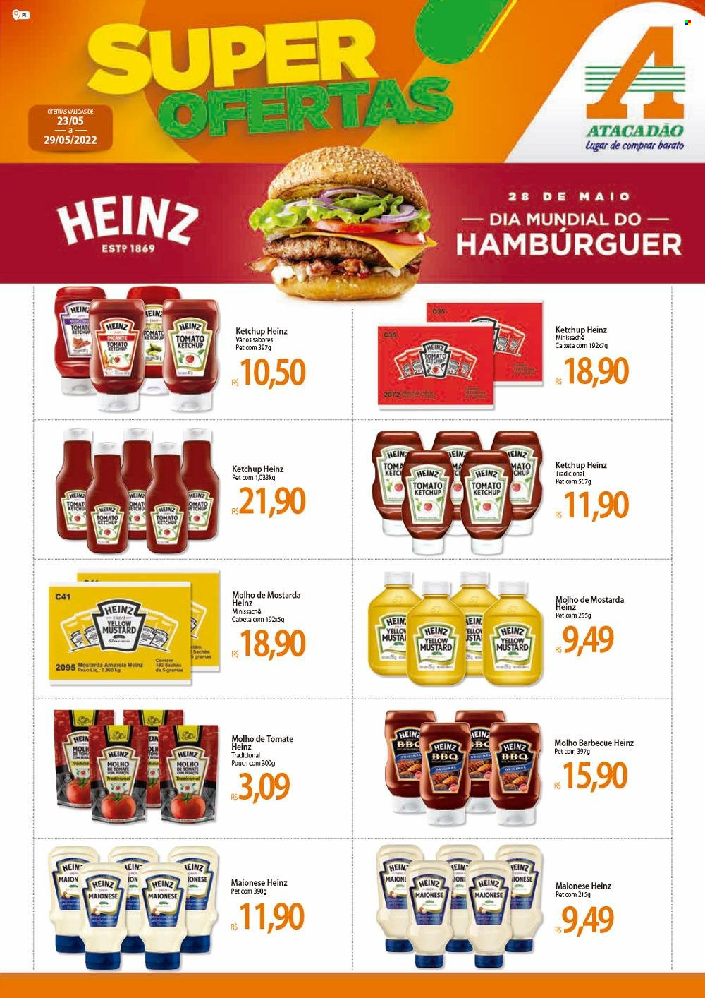 thumbnail - Folheto Atacadão - 23/05/2022 - 29/05/2022 - Produtos em promoção - hamburger, molho, maionese, Heinz, molho de tomate, ketchup, molho barbecue, café. Página 1.