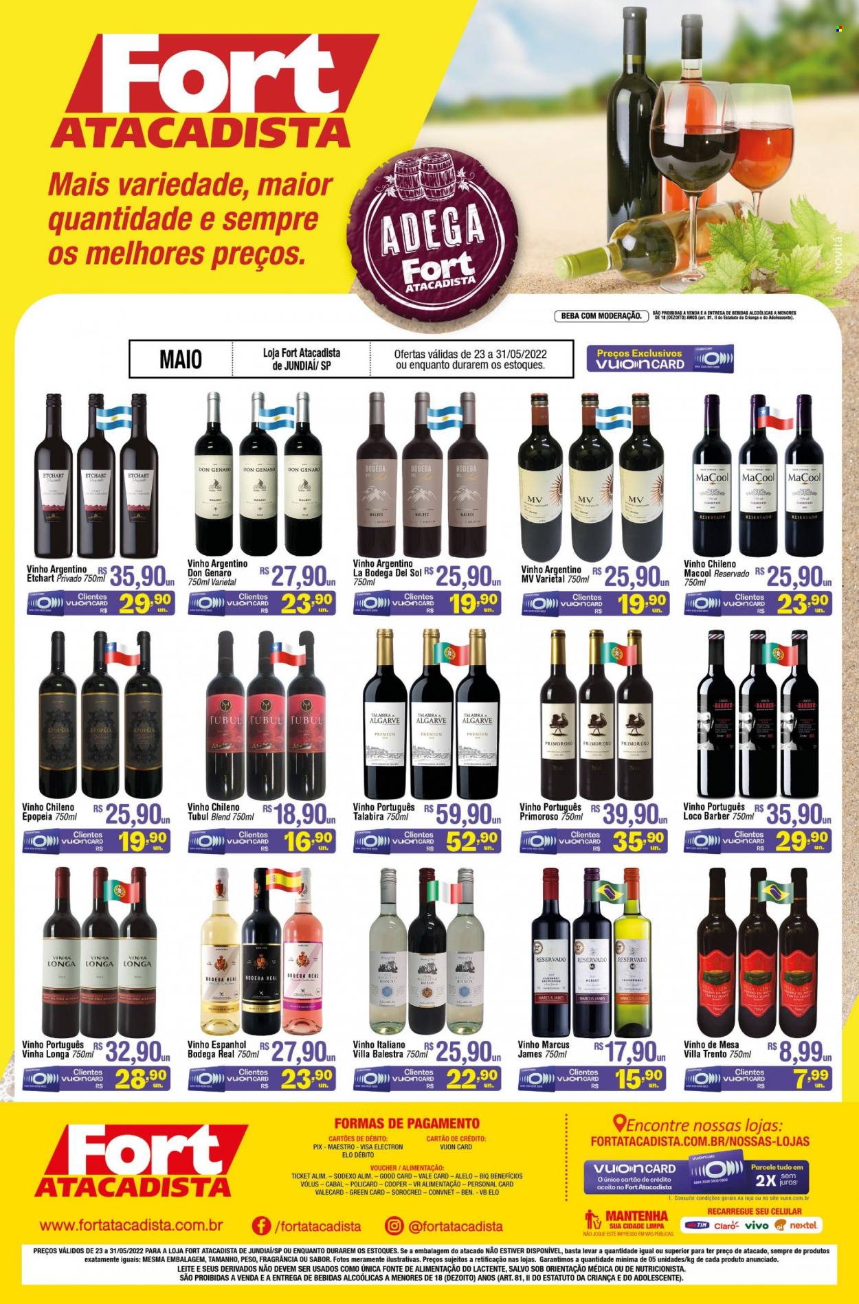 thumbnail - Folheto Fort Atacadista - 23/05/2022 - 31/05/2022 - Produtos em promoção - vinho, Chardonnay, vinho argentino, vinho branco, vinho chileno, vinho italiano, vinho português, vinho tinto, merlot, malbec, cabernet, Martini Rosso. Página 1.