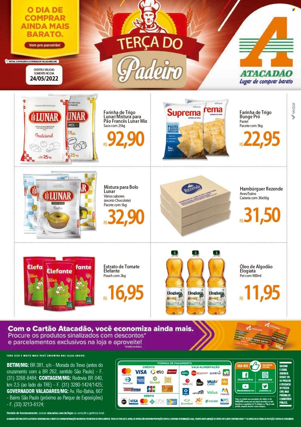 thumbnail - Folheto Atacadão - 24/05/2022 - 24/05/2022 - Produtos em promoção - pão, mistura para bolo, farinha, farinha de trigo, polpa de tomate, extrato de tomate. Página 1.