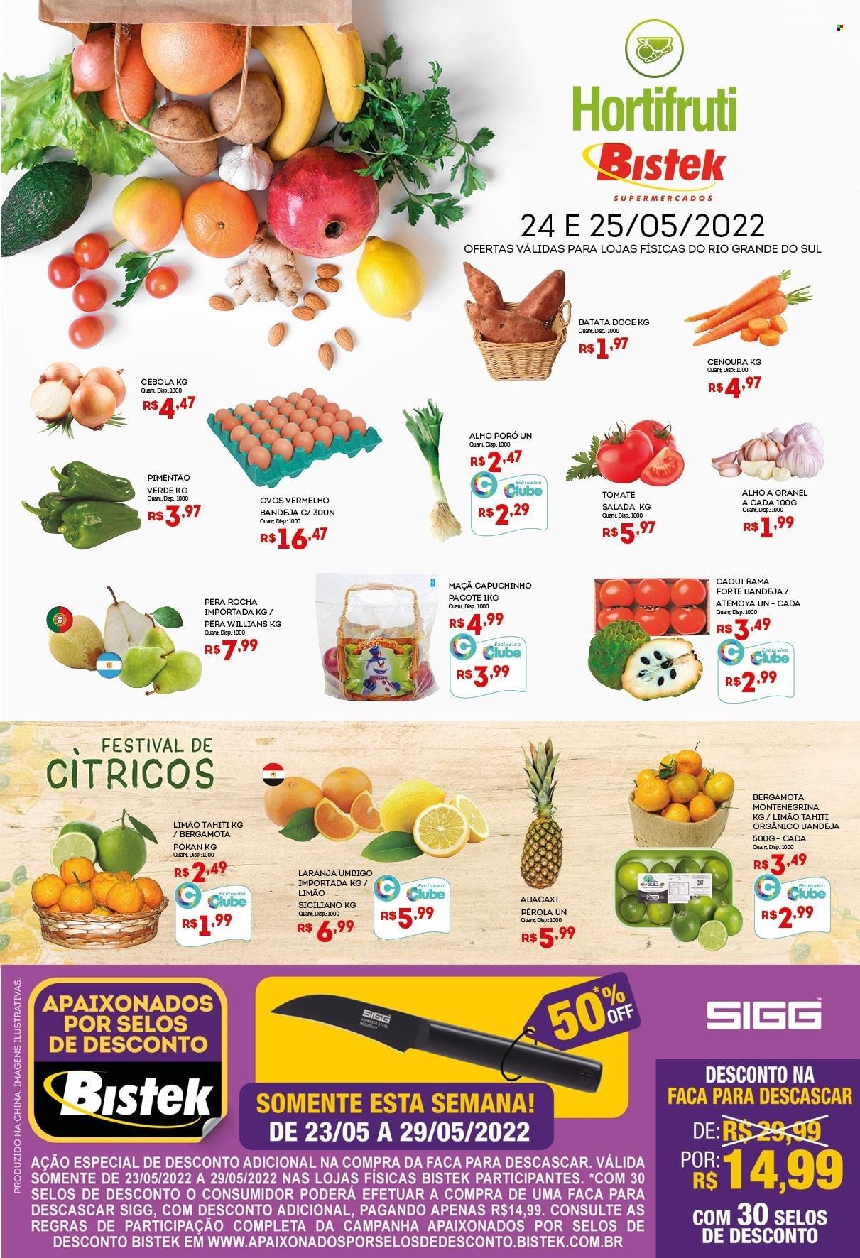 thumbnail - Folheto Bistek Supermercados - 24/05/2022 - 25/05/2022 - Produtos em promoção - maçã, abacaxi, laranja, atemóya, limão, batata-doce, alho-poró, cebola, cenoura, pimentão verde, pimentão, ovos, bandeja. Página 1.