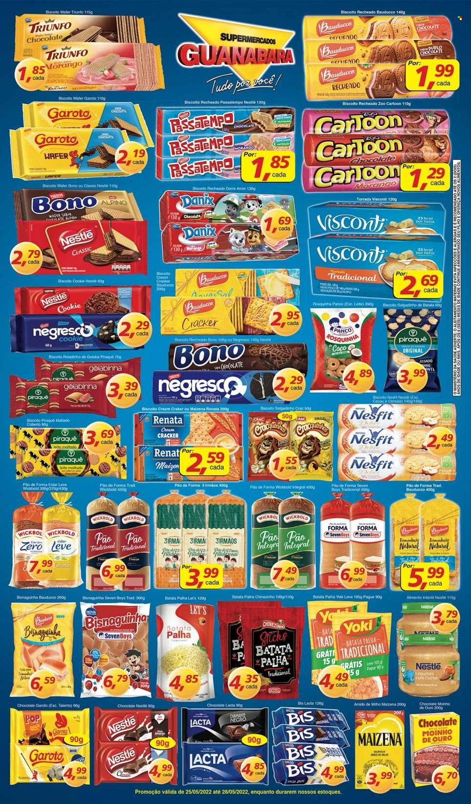 thumbnail - Folheto Supermercados Guanabara - 25/05/2022 - 28/05/2022 - Produtos em promoção - legumes, pão, pão de forma, bisnaguinha, waffle, Yoki, batata palha, biscoito, Nestlé, biscoito recheado, rosquinhas, salgadinho, cracker, pão torrado. Página 4.