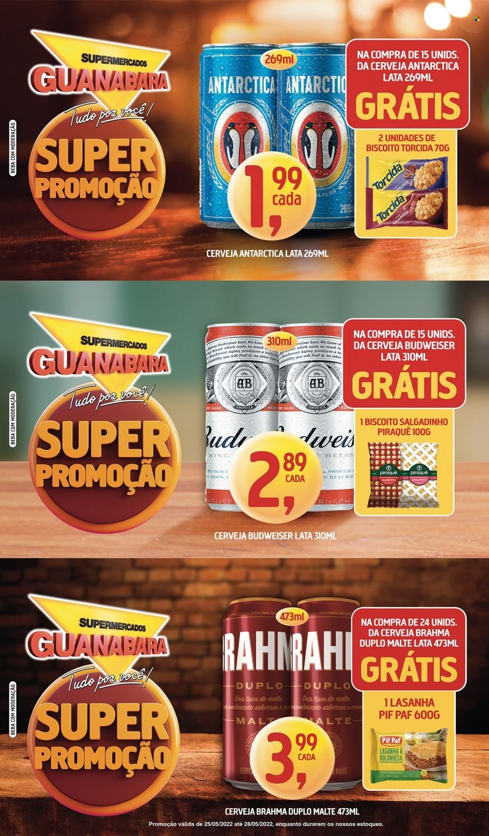 thumbnail - Folheto Supermercados Guanabara - 25/05/2022 - 28/05/2022 - Produtos em promoção - Budweiser, Brahma, Antárctica, cerveja, lasanha, Pif Paf, biscoito, salgadinho. Página 6.