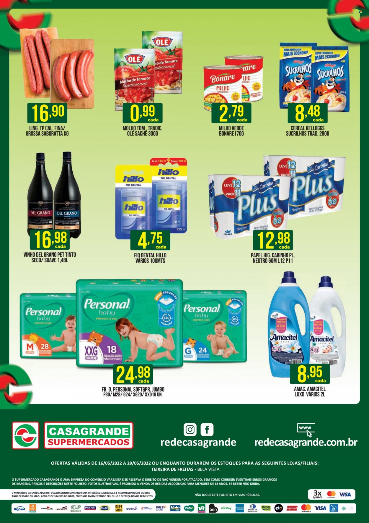 thumbnail - Folheto Casagrande Supermercados - 16/05/2022 - 29/05/2022 - Produtos em promoção - milho, molho, sucrilhos, cereais, molho de tomate, vinho, fralda descartável, fraldas, fio dental, perfume. Página 2.