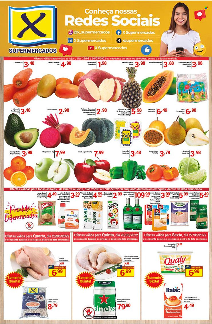 thumbnail - Folheto X Supermercados - 25/05/2022 - 27/05/2022 - Produtos em promoção - abóbora, Italac, Qualy. Página 1.