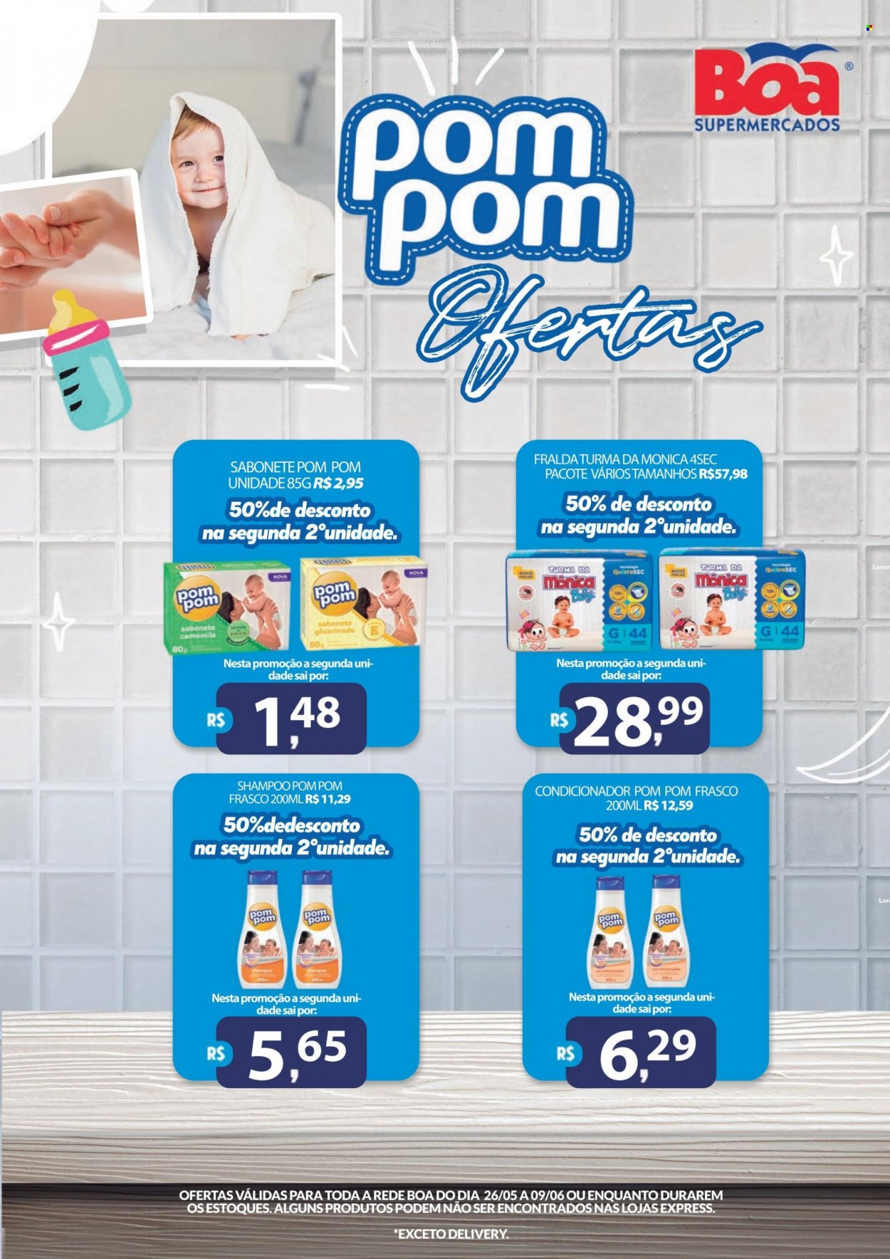 thumbnail - Folheto Boa Supermercados - 26/05/2022 - 09/06/2022 - Produtos em promoção - fraldas, sabonete, condicionador, shampoo. Página 1.