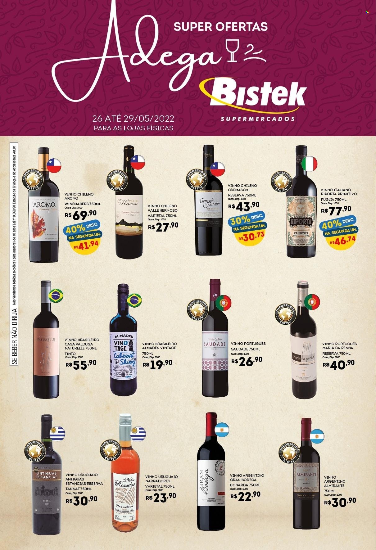 thumbnail - Folheto Bistek Supermercados - 25/05/2022 - 29/05/2022 - Produtos em promoção - Penha, vinho, vinho argentino, vinho chileno, vinho italiano, vinho português. Página 1.