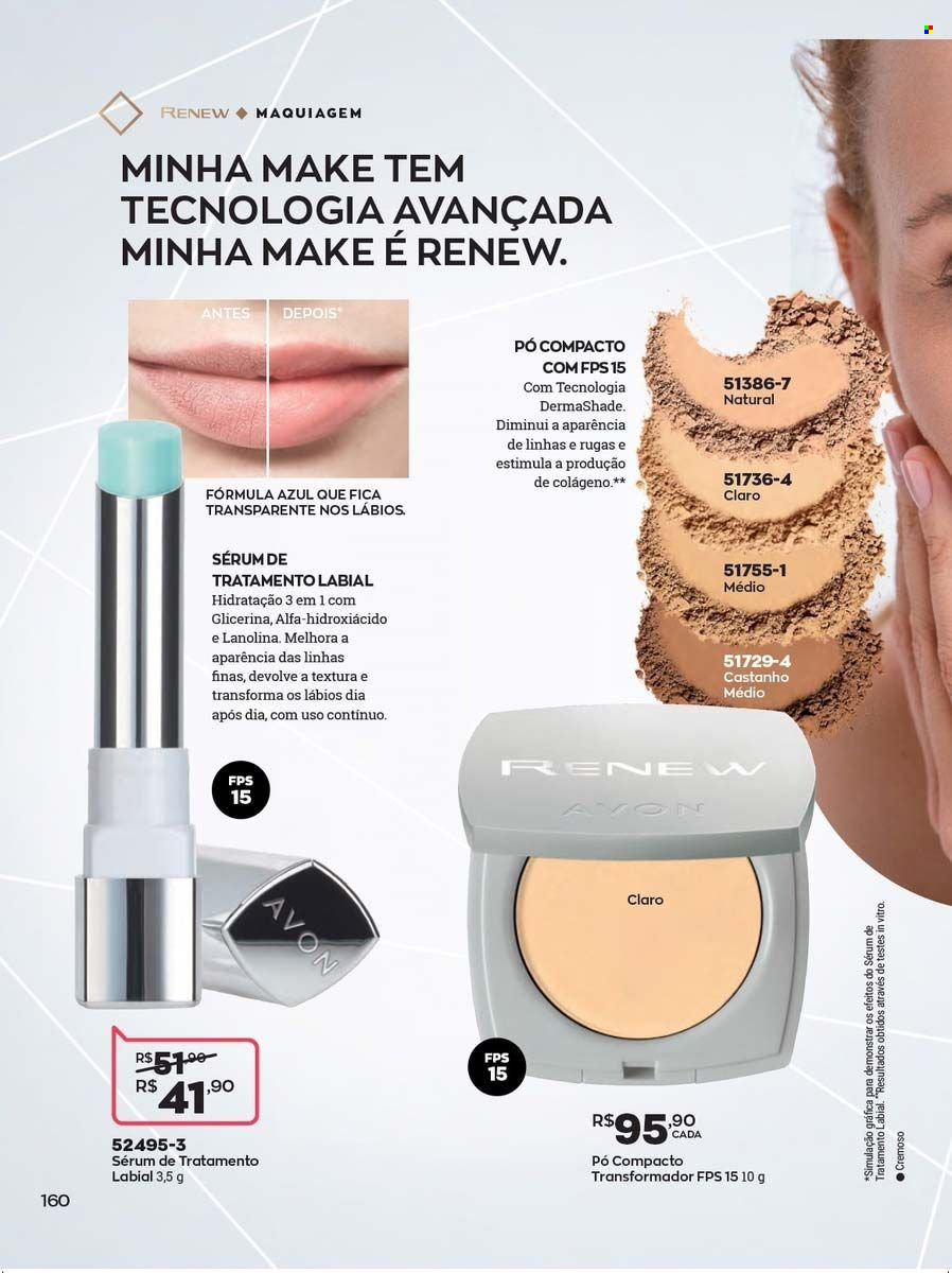 thumbnail - Folheto Avon - Produtos em promoção - Avon, sérum, pó compacto, maquiagem, Colagénio, colágeno. Página 160.