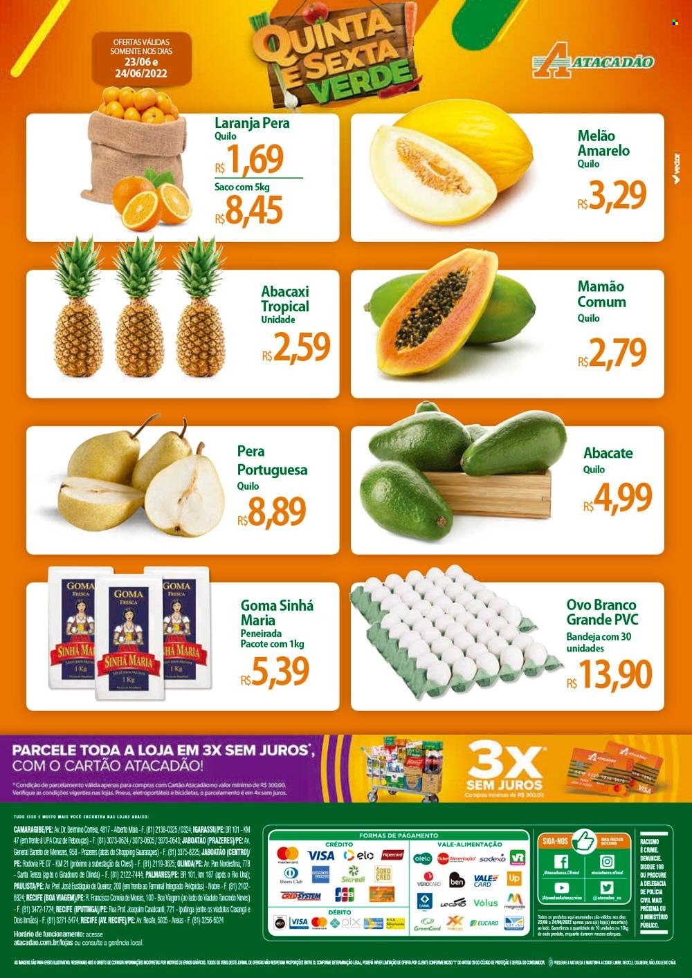 thumbnail - Folheto Atacadão - 23/06/2022 - 24/06/2022 - Produtos em promoção - pera, abacaxi, laranja, papaia, melão, abacate, mamão, melão amarelo, ovos, goma. Página 2.