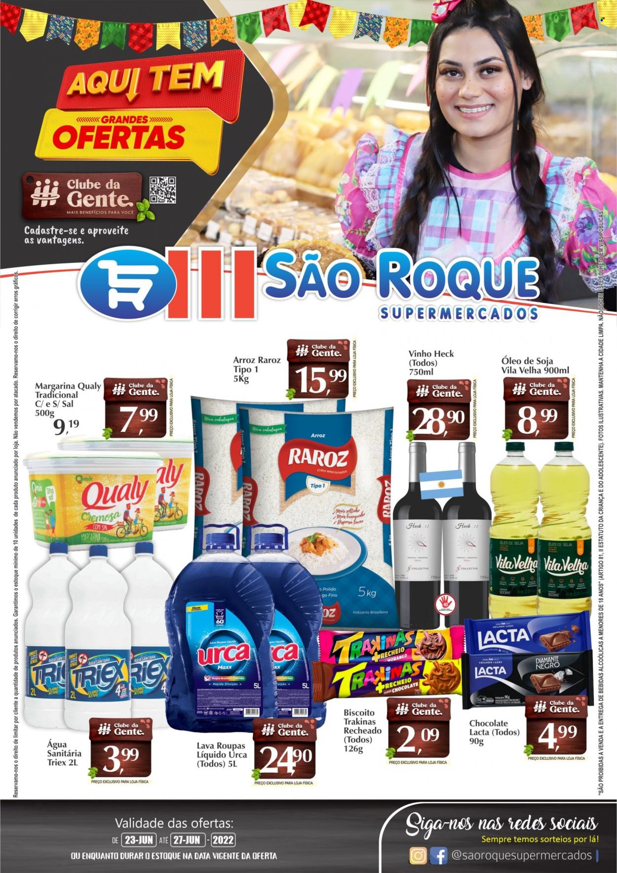 thumbnail - Folheto São Roque Supermercados - 23/06/2022 - 27/06/2022 - Produtos em promoção - leite, margarina, Qualy, biscoito, arroz, óleo de soja, vinho, água sanitária, lava roupas. Página 1.