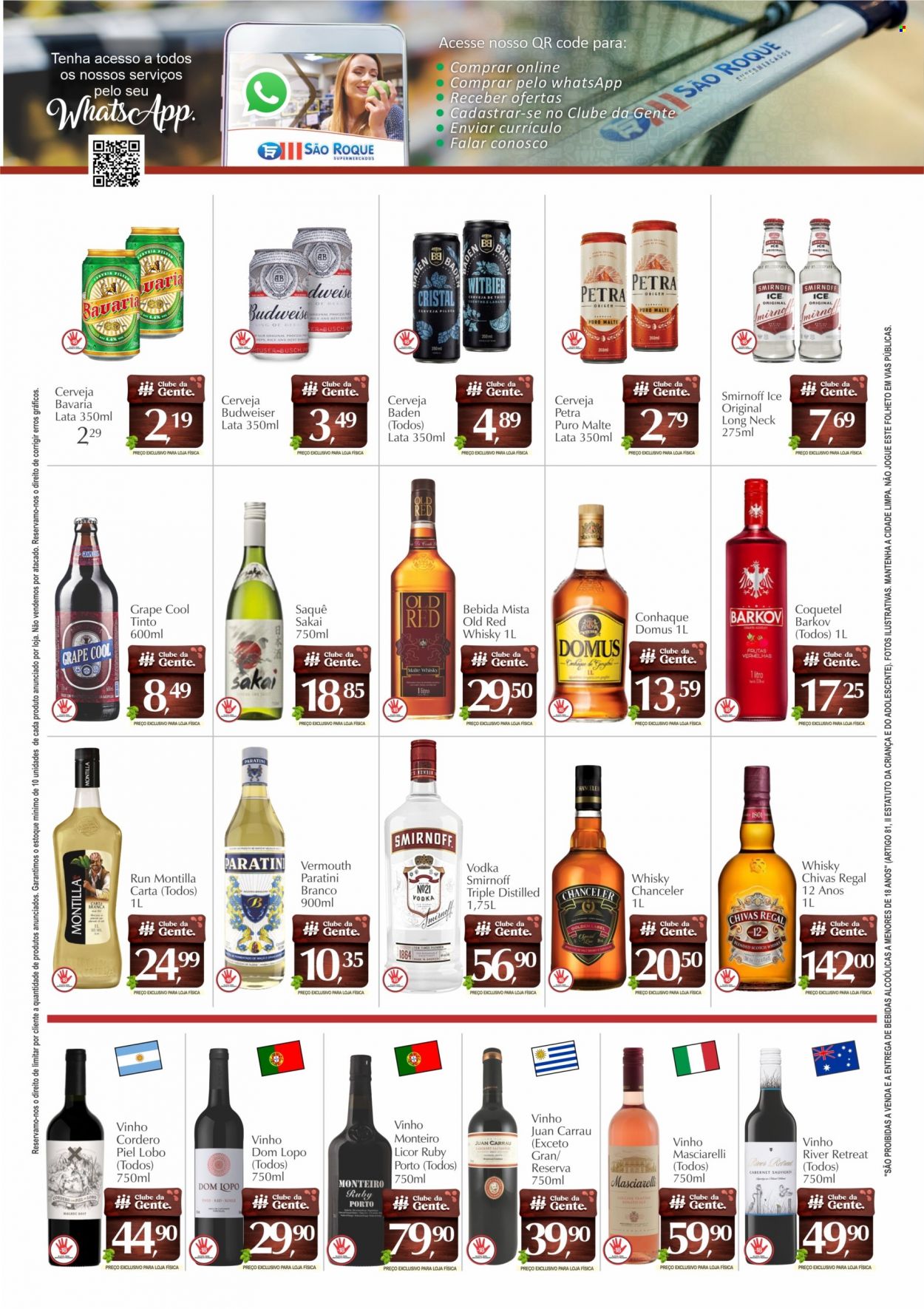 thumbnail - Folheto São Roque Supermercados - 23/06/2022 - 27/06/2022 - Produtos em promoção - Petra, Budweiser, cerveja, Puro Malte, bebida, vinho, vinho tinto, cabernet, cabernet sauvignon, Cognac, vermouth, vodka, whiskey, Smirnoff, scotch whisky, liqueur, Chivas Regal. Página 3.