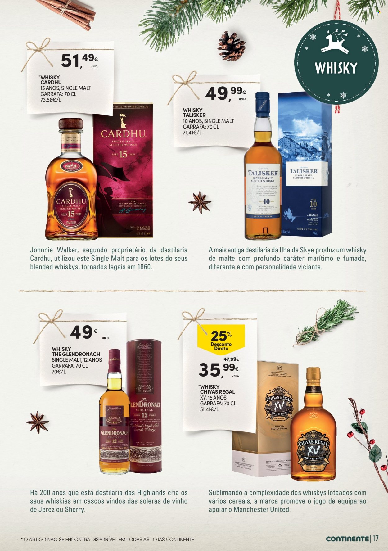 thumbnail - Folheto Continente - 2.11.2021 - 24.12.2021 - Produtos em promoção - cereais, whiskey, sherry, Johnnie Walker, Chivas Regal, garrafa. Página 17.
