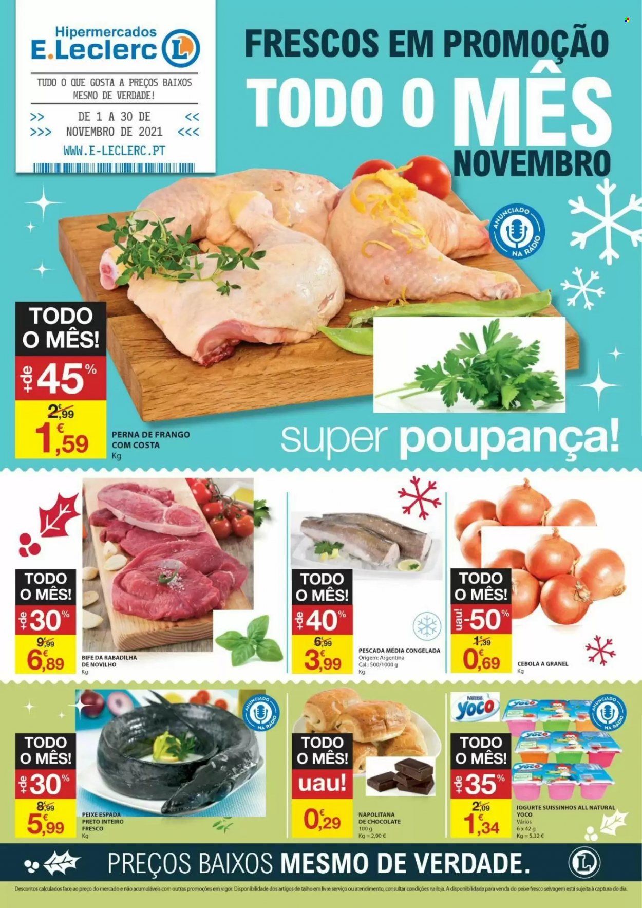 thumbnail - Folheto E.Leclerc - 1.11.2021 - 30.11.2021 - Produtos em promoção - cebola, bife, perna de frango, peixe espada, barrinhas de pescada, iogurte. Página 1.