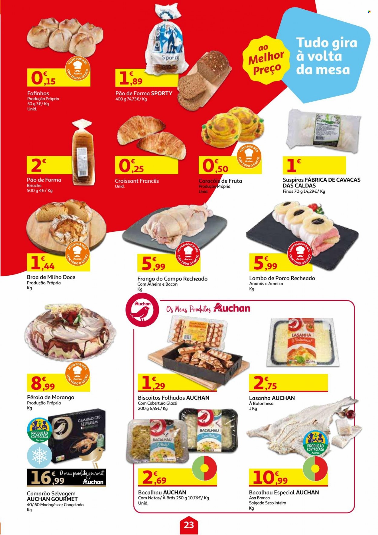 thumbnail - Folheto Auchan - 3.11.2021 - 18.11.2021 - Produtos em promoção - lombo, lombo de porco, pão, pão de forma, broa de milho, croissant, frango, camarão, bacalhau, lasanha, bacon, alheira, biscoito. Página 23.