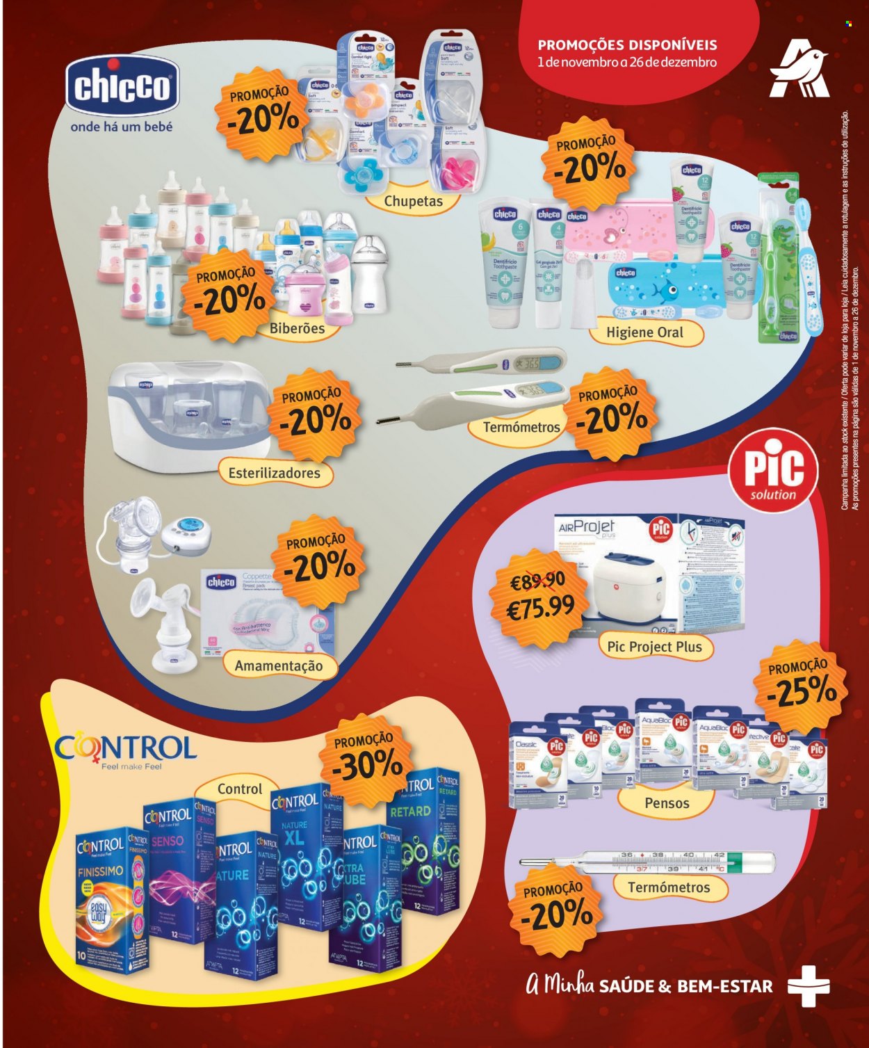 thumbnail - Folheto Auchan - 1.11.2021 - 26.12.2021 - Produtos em promoção - termômetro, Chicco, pensos. Página 75.