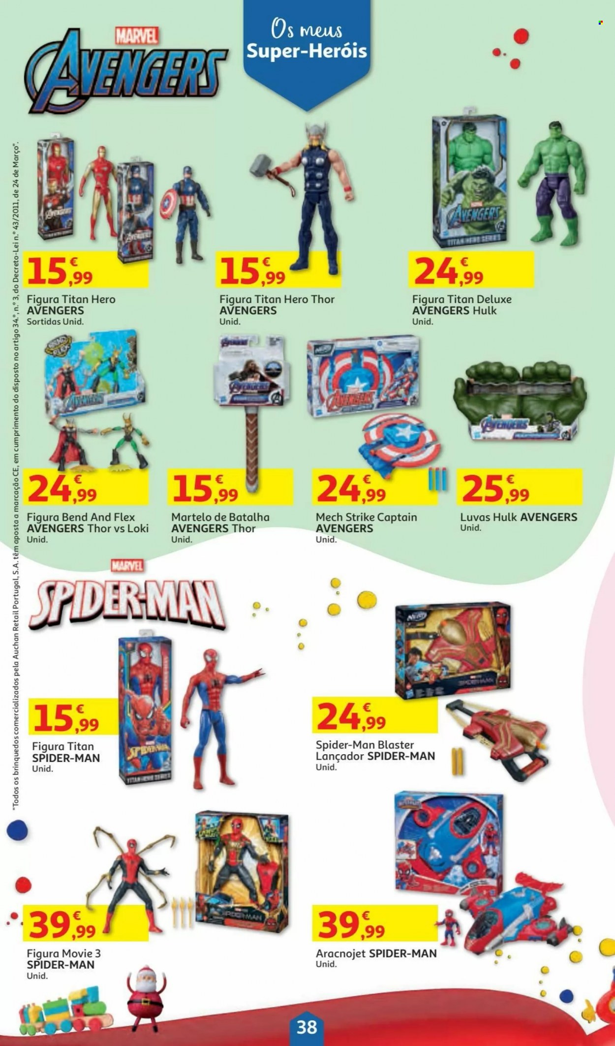 thumbnail - Folheto Auchan - 5.11.2021 - 24.12.2021 - Produtos em promoção - Avengers, Spiderman, Marvel, figura, luvas. Página 38.