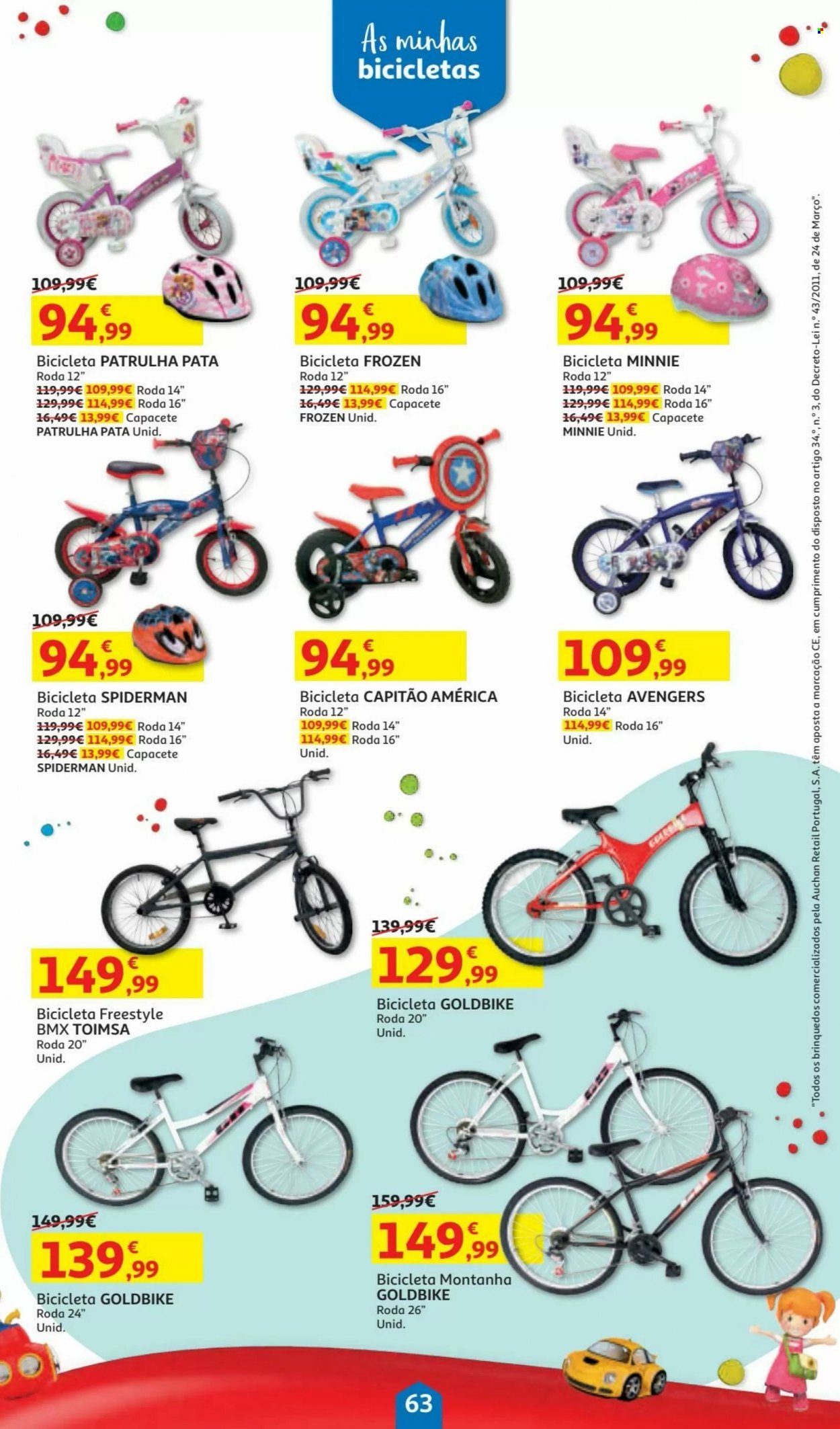 thumbnail - Folheto Auchan - 5.11.2021 - 24.12.2021 - Produtos em promoção - Avengers, Frozen, Spiderman, Minnie, bicicleta, capacete. Página 63.
