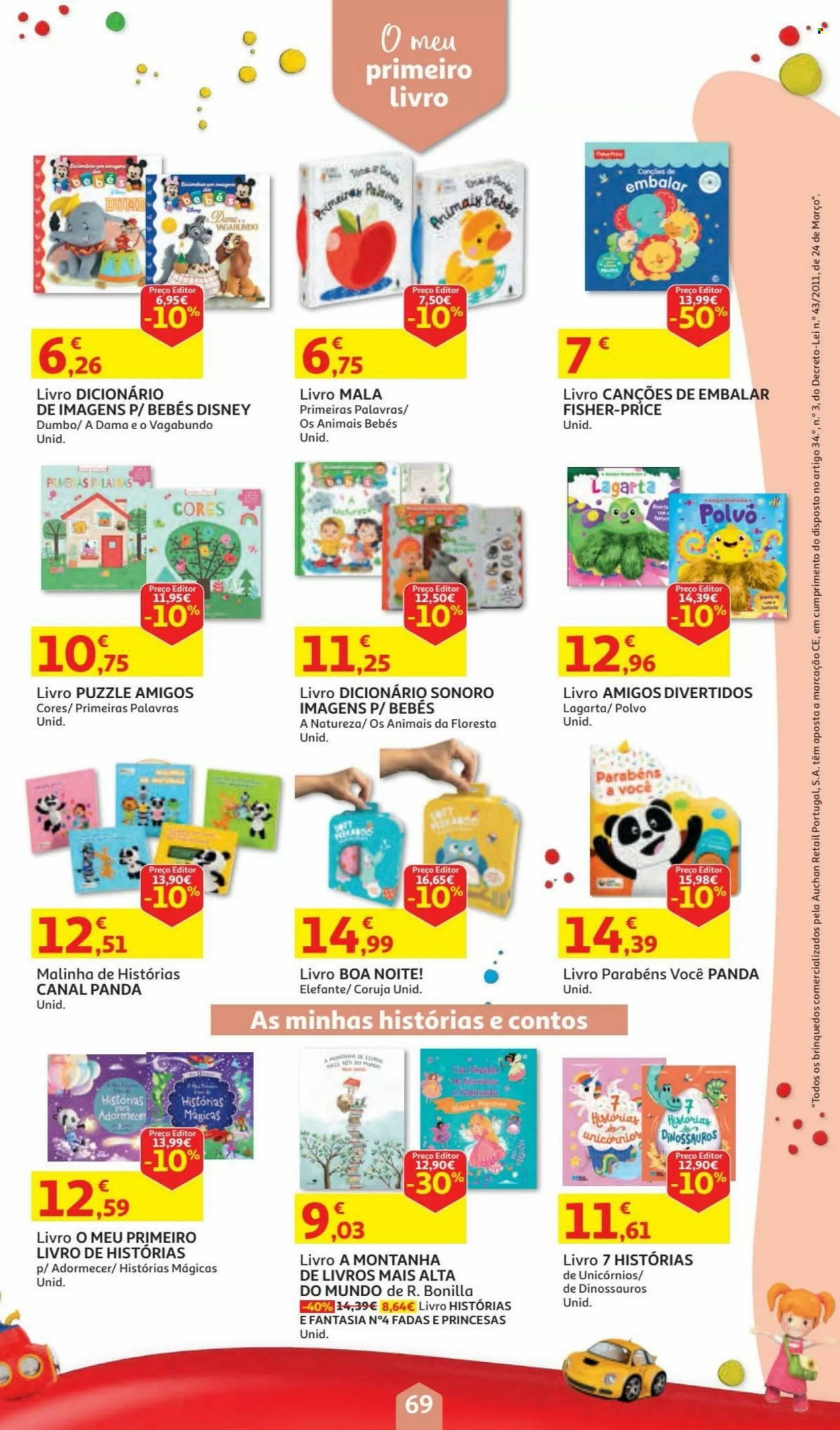thumbnail - Folheto Auchan - 5.11.2021 - 24.12.2021 - Produtos em promoção - polvo, Disney, livro, dicionário, unicórnio, puzzle. Página 69.