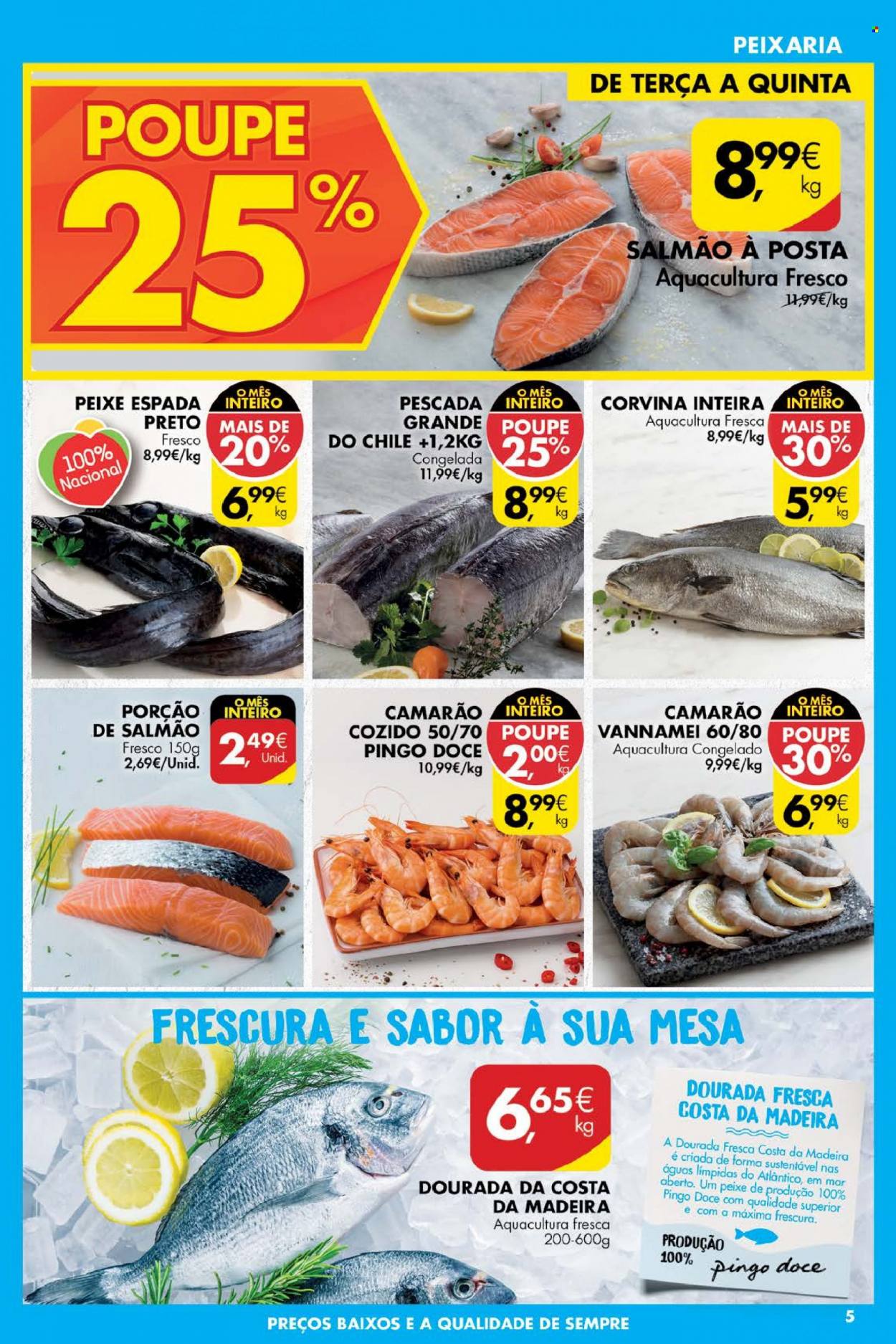 thumbnail - Folheto Pingo Doce - 9.11.2021 - 15.11.2021 - Produtos em promoção - salmão, camarão, corvina, peixe espada, peixe, mesa. Página 5.