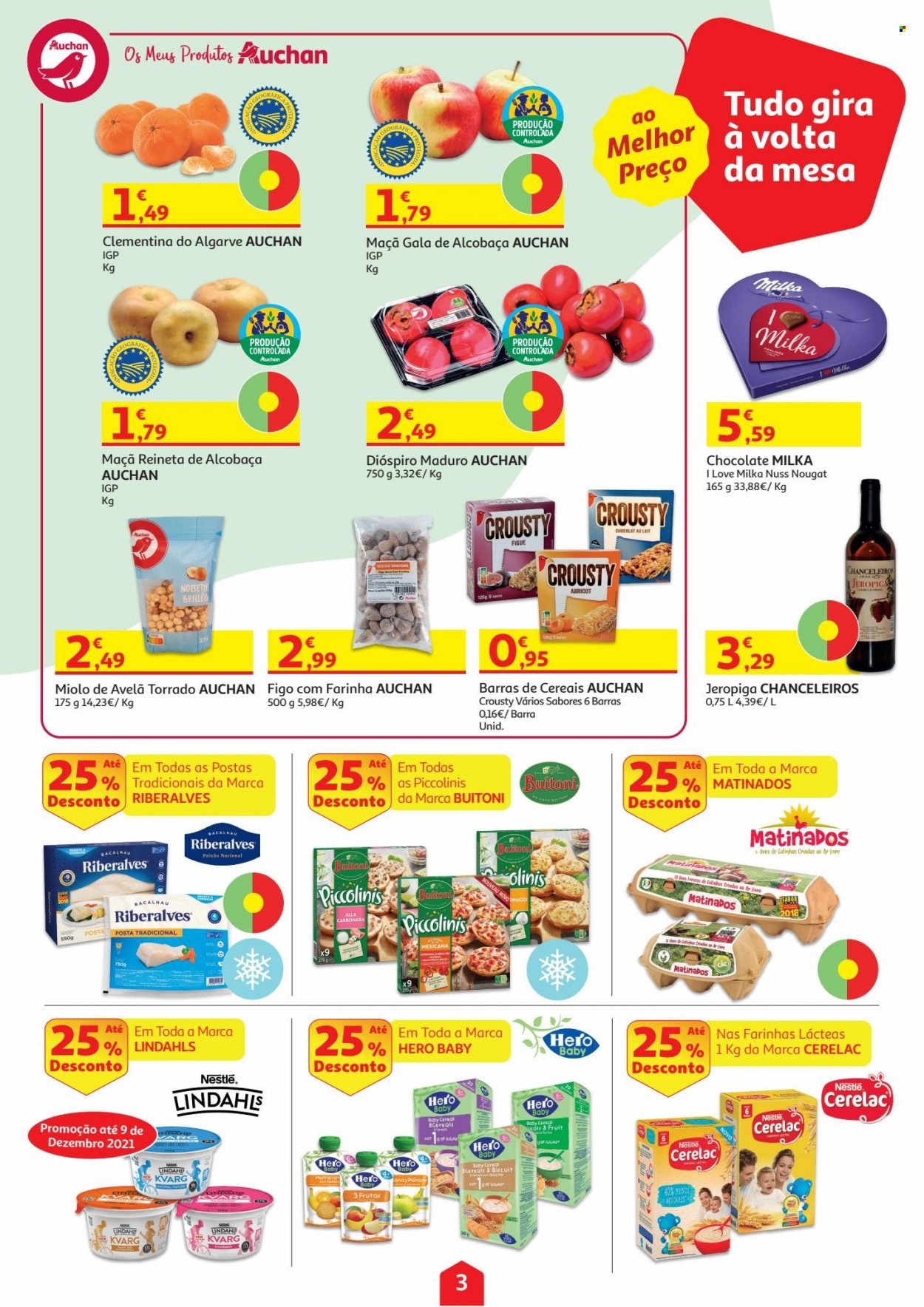 thumbnail - Folheto Auchan - 10.11.2021 - 16.11.2021 - Produtos em promoção - maçã, clementinas, bacalhau, Milka, ovos, Nestlé, barrinha doce, nougat. Página 3.