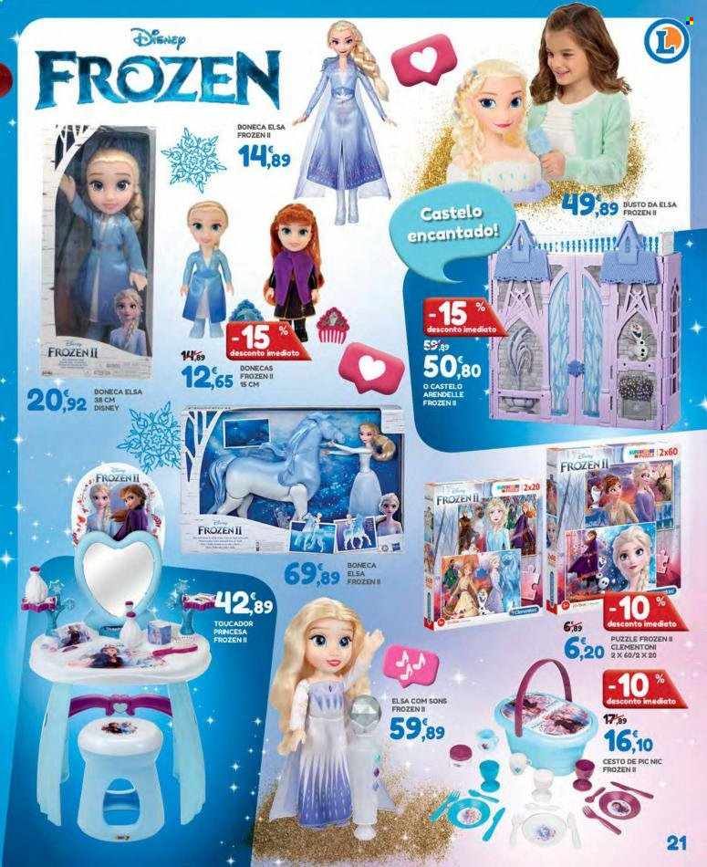 thumbnail - Folheto E.Leclerc - 16.11.2021 - 20.12.2021 - Produtos em promoção - Frozen, Disney, cesta, puzzle, boneca. Página 21.