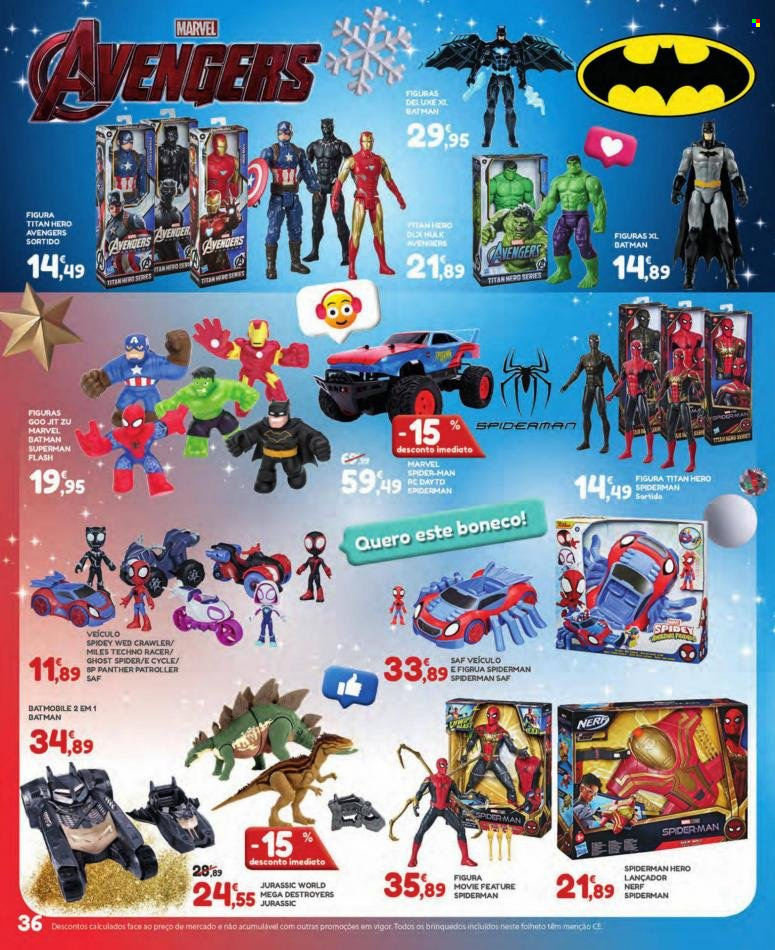 thumbnail - Folheto E.Leclerc - 16.11.2021 - 20.12.2021 - Produtos em promoção - Avengers, Spiderman, Marvel, figura, Nerf, boneca, carro brinquedo. Página 36.