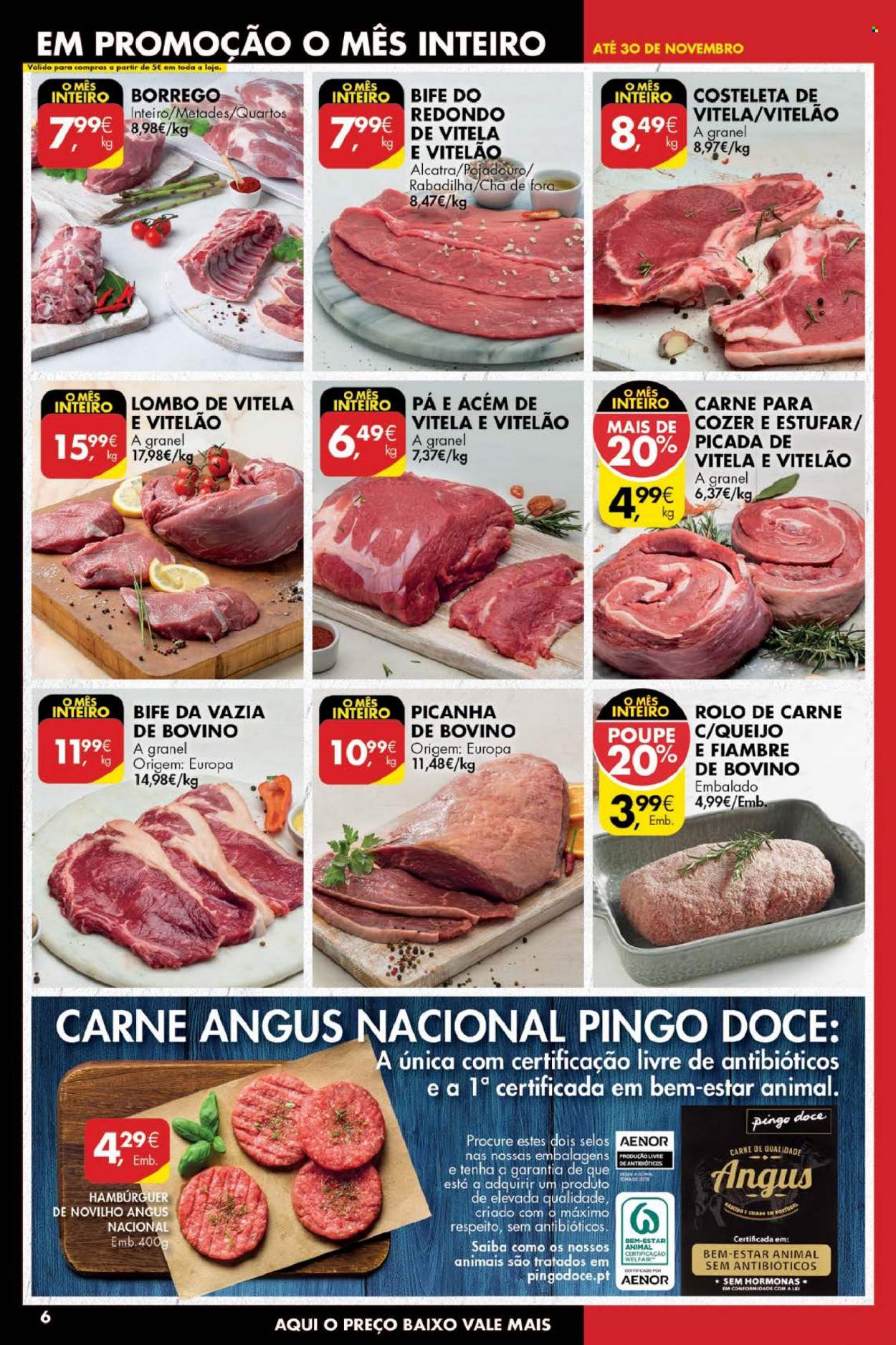thumbnail - Folheto Pingo Doce - 16.11.2021 - 22.11.2021 - Produtos em promoção - picanha, lombo, rolo de carne, alcatra, vazia de bovino, carne de novilho, hamburger, chá. Página 6.