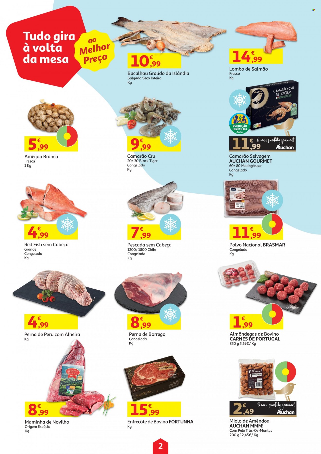 thumbnail - Folheto Auchan - 17.11.2021 - 23.11.2021 - Produtos em promoção - lombo, alcatra, entrecôte, almôndegas, salmão, camarão, bacalhau, polvo, amêijoa, alheira. Página 2.