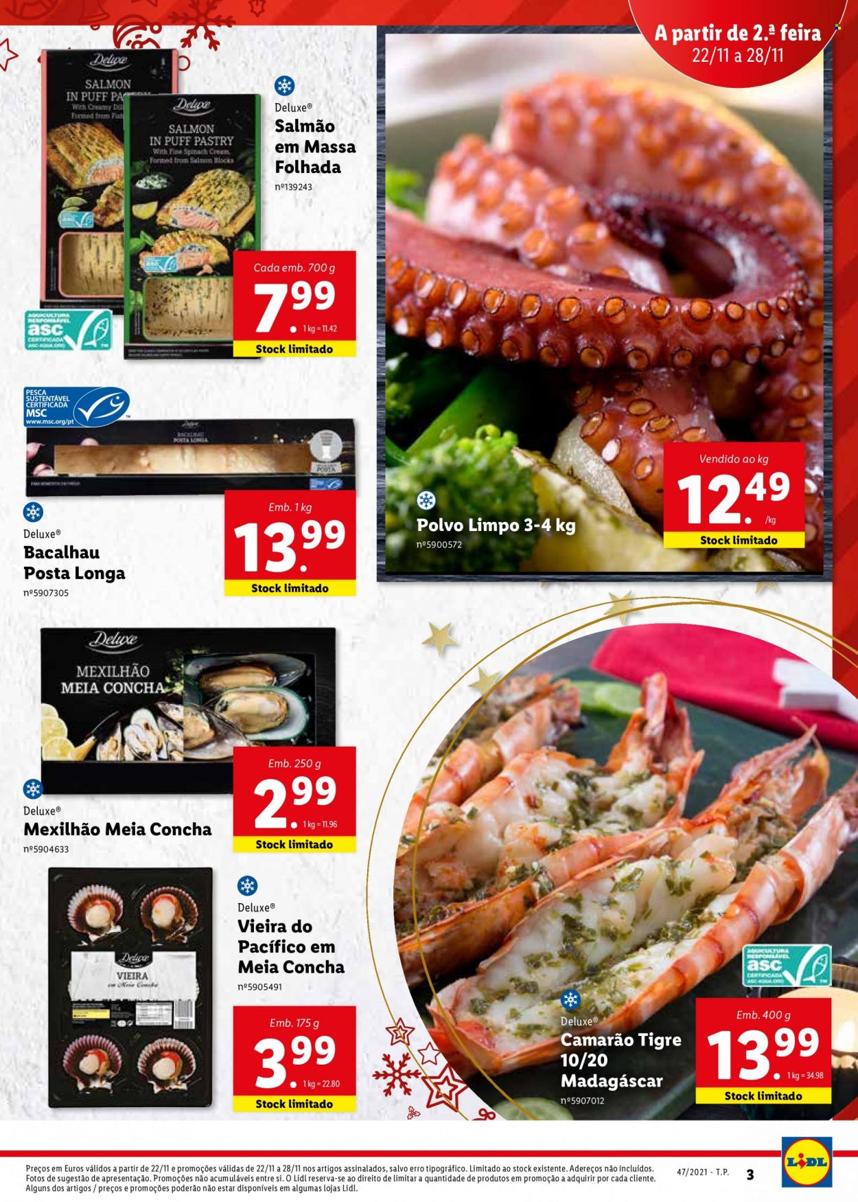 thumbnail - Folheto Lidl - 22.11.2021 - 28.11.2021 - Produtos em promoção - salmão, camarão, bacalhau, polvo, mexilhão. Página 3.