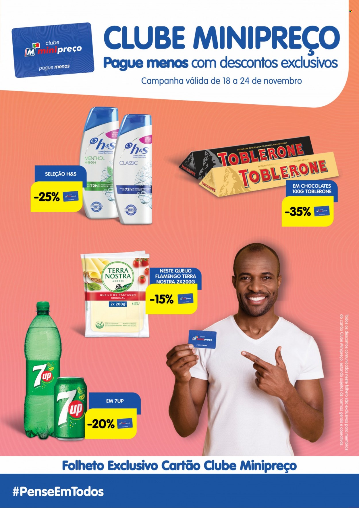 thumbnail - Folheto Minipreço - 18.11.2021 - 24.11.2021 - Produtos em promoção - queijo, queijo flamengo, chocolate, 7-Up, chá, shampoo. Página 1.