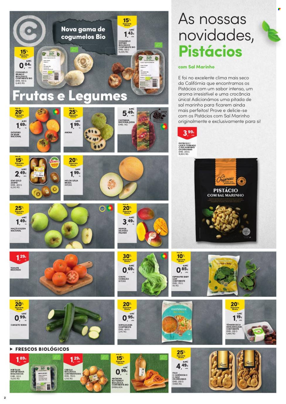 thumbnail - Folheto Continente Bom Dia - 23.11.2021 - 29.11.2021 - Produtos em promoção - kiwi, melão, manga, abóbora, cebola, espinafre, curgete, cogumelo, pistachos. Página 2.