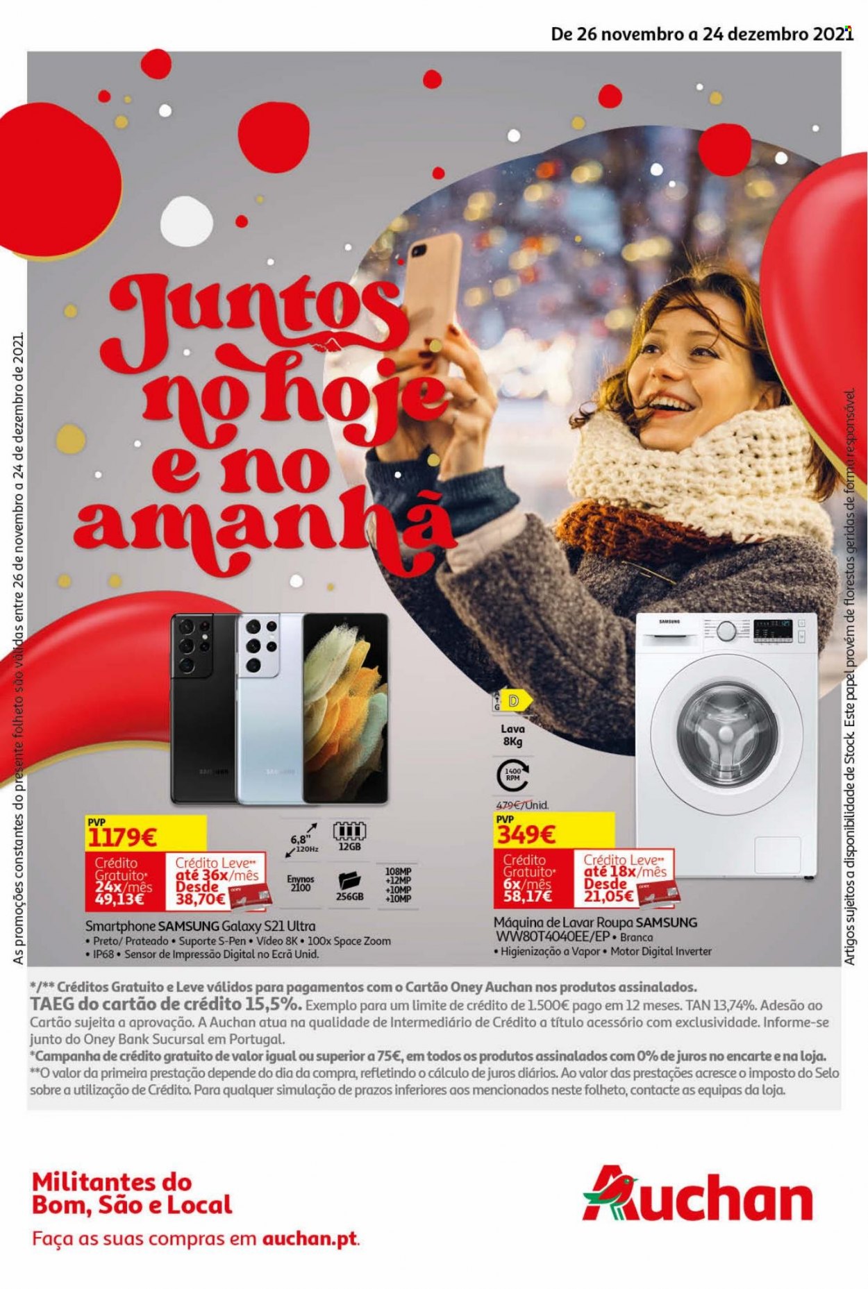 Folheto Auchan - 26.11.2021 - 24.12.2021 - Produtos em promoção - Samsung, Samsung Galaxy, Samsung Galaxy S, lavadora. Página 1.
