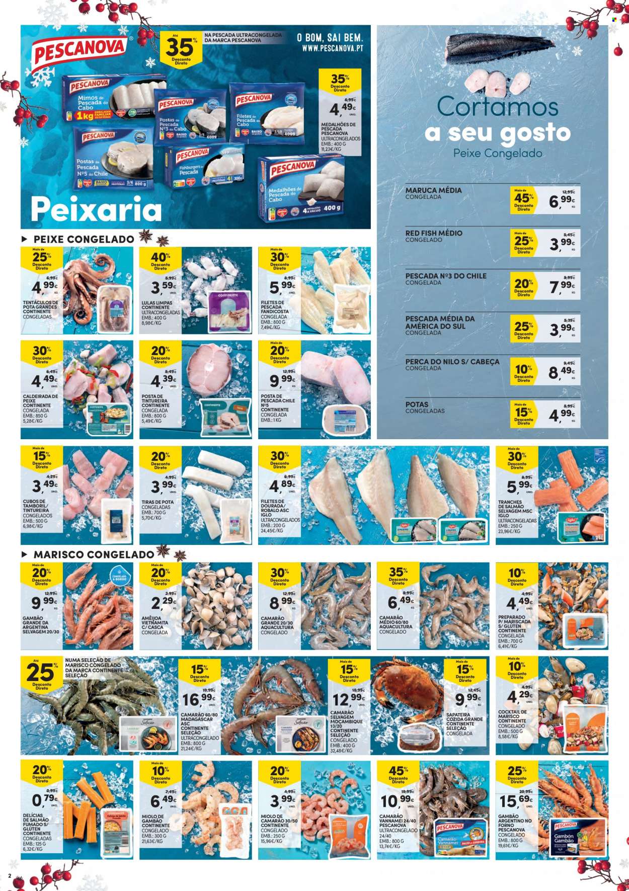 thumbnail - Folheto Continente - 30.11.2021 - 6.12.2021 - Produtos em promoção - salmão, camarão, Iglo, marisco, filetes de peixe, robalo, amêijoa, barrinhas de pescada, gambão, tentáculos de polvo, salmão fumado, maruca, caldeirada de peixe. Página 2.