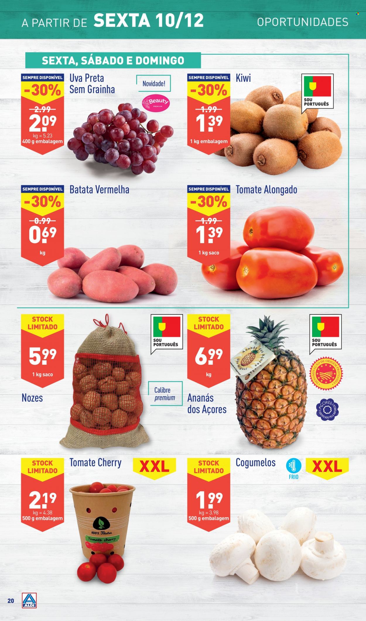 thumbnail - Folheto Aldi - 8.12.2021 - 14.12.2021 - Produtos em promoção - kiwi, minitomate, batata, batata roxa, tomate cherry, cogumelo, nozes. Página 20.