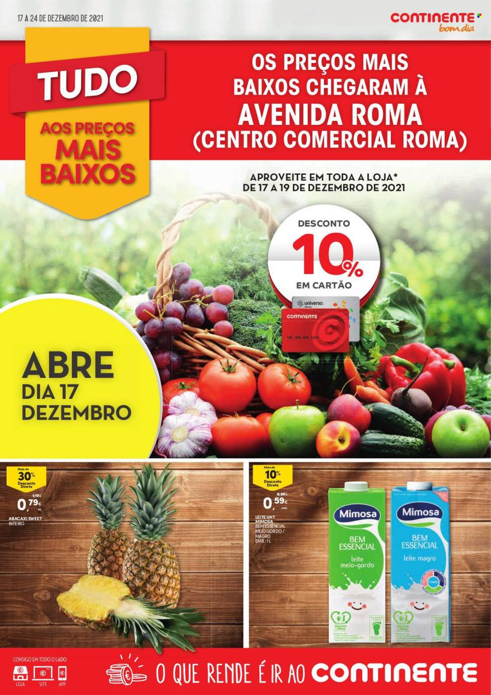thumbnail - Folheto Continente Bom Dia - 17.12.2021 - 24.12.2021 - Produtos em promoção - abacaxi, Mimosa, leite. Página 1.
