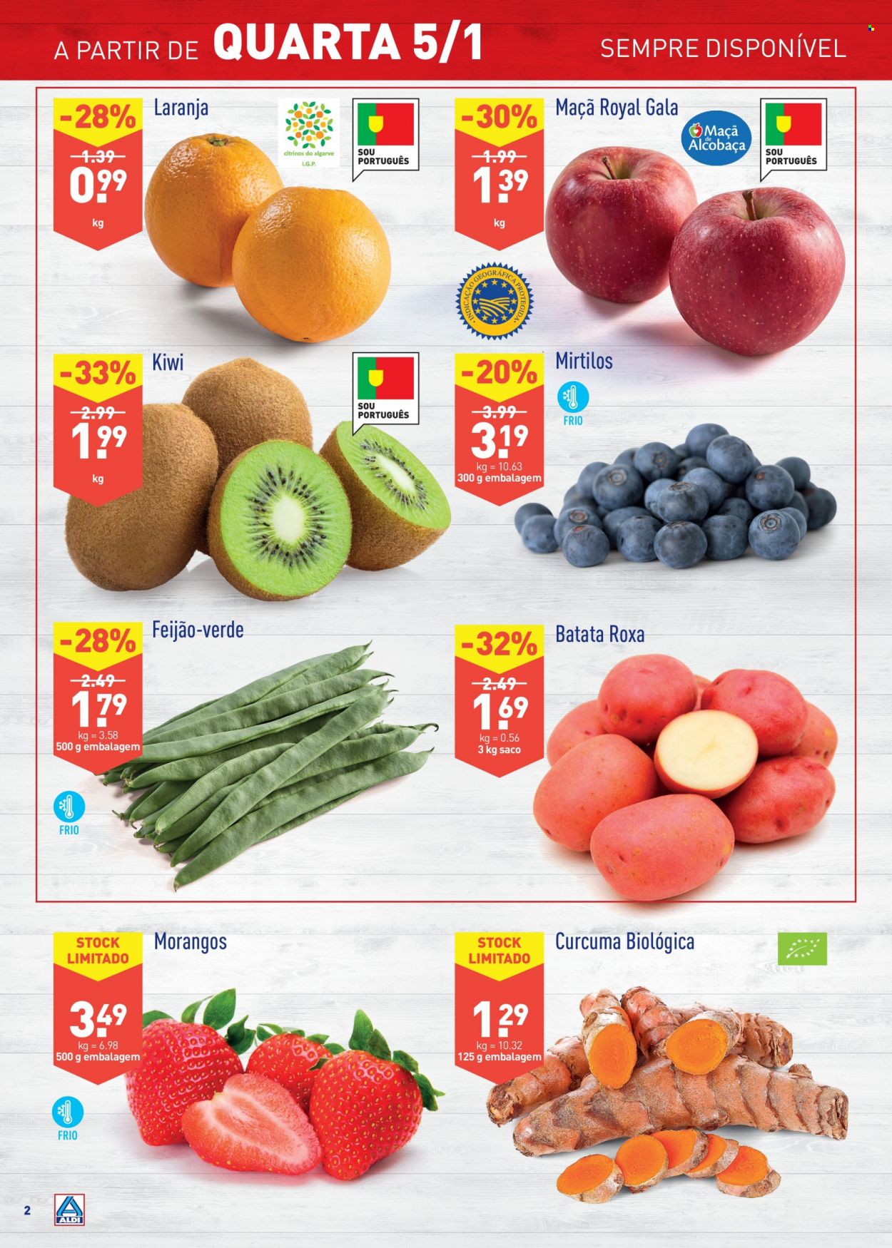 thumbnail - Folheto Aldi - 5.1.2022 - 11.1.2022 - Produtos em promoção - maçã, kiwi, morango, laranja, mirtilo, batata, feijão verde, batata roxa, feijão. Página 2.
