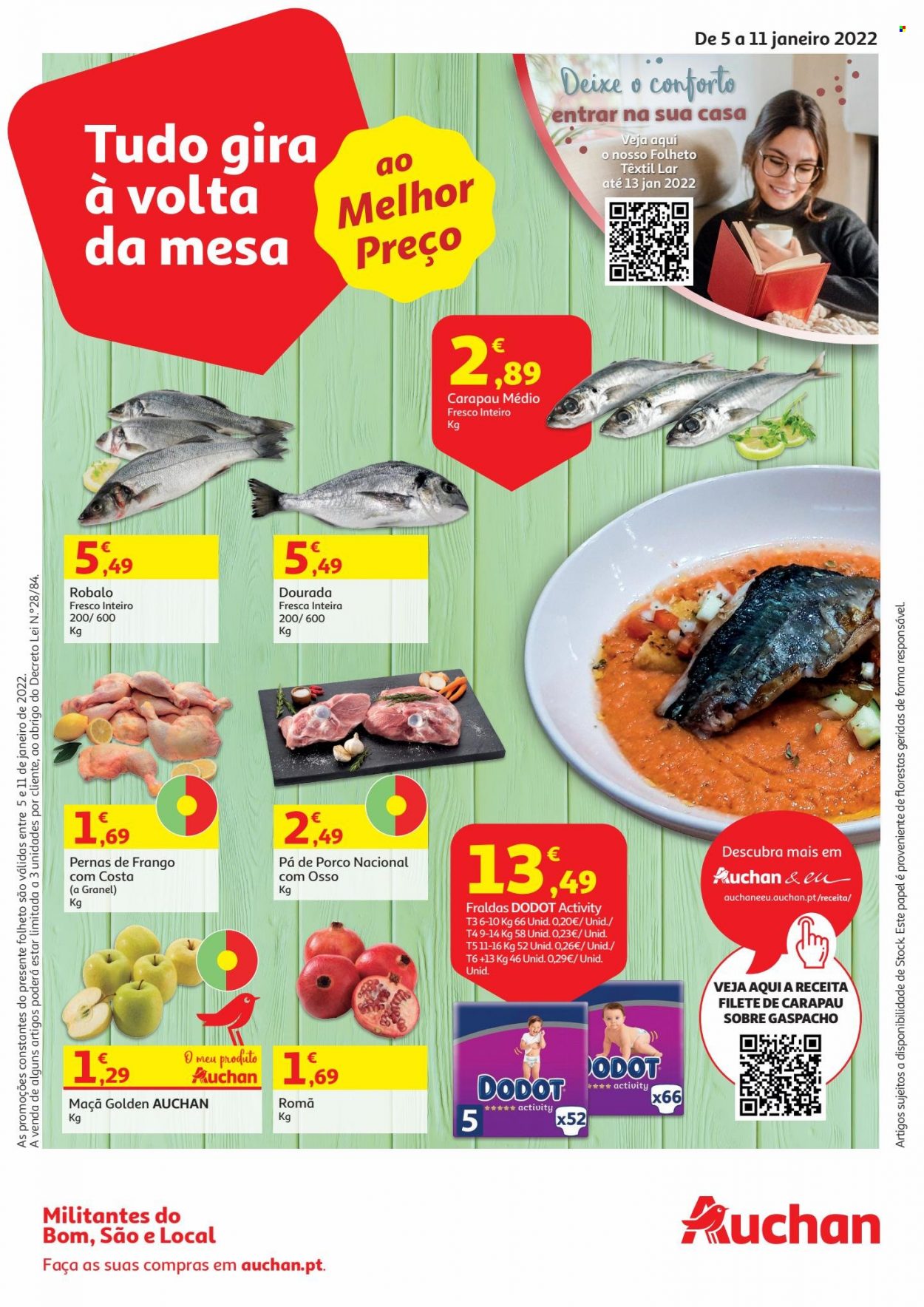 thumbnail - Folheto Auchan - 5.1.2022 - 11.1.2022 - Produtos em promoção - maçã, pá de porco, robalo, carapau, gaspacho, fraldas, Dodot. Página 1.