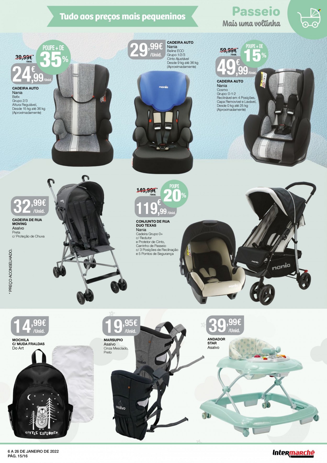 thumbnail - Folheto Intermarché - 6.1.2022 - 26.1.2022 - Produtos em promoção - fraldas, mochila, cadeira, andador, carrinho de bebê, cadeira de auto. Página 15.