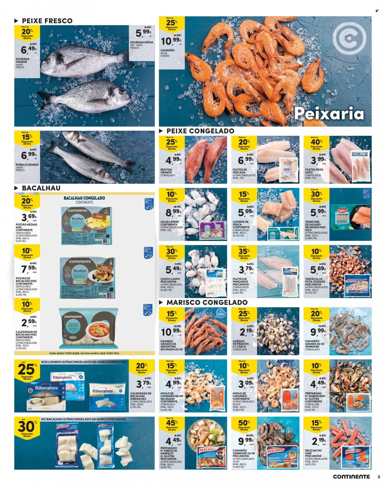 thumbnail - Folheto Continente Modelo - 11.1.2022 - 17.1.2022 - Produtos em promoção - camarão, bacalhau, frutos do mar, Iglo, pangasius, marisco, robalo, amêijoa, gambão, choco limpo, arroz de mariscos. Página 3.