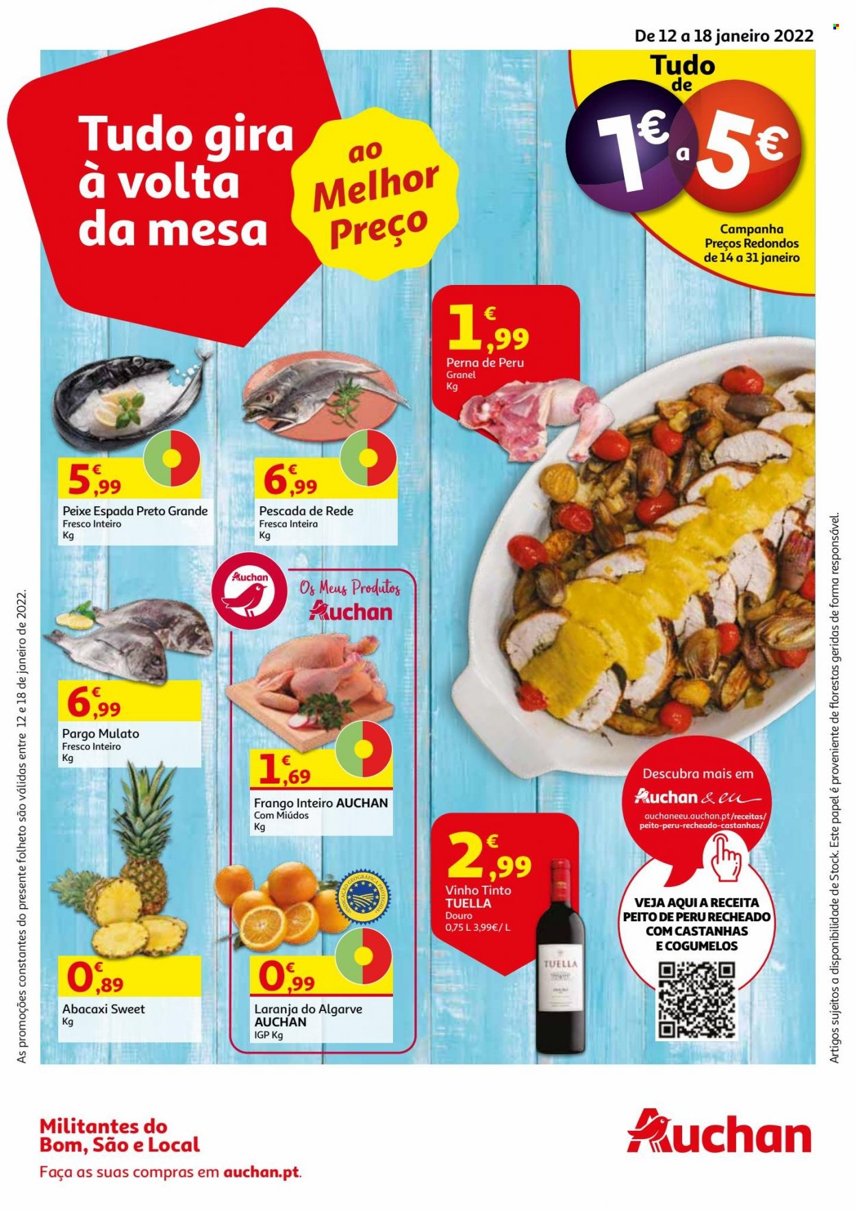 thumbnail - Folheto Auchan - 12.1.2022 - 18.1.2022 - Produtos em promoção - cogumelo, frango, peito de peru, perú, frango inteiro, peixe espada, peixe, vinho, vinho tinto. Página 1.