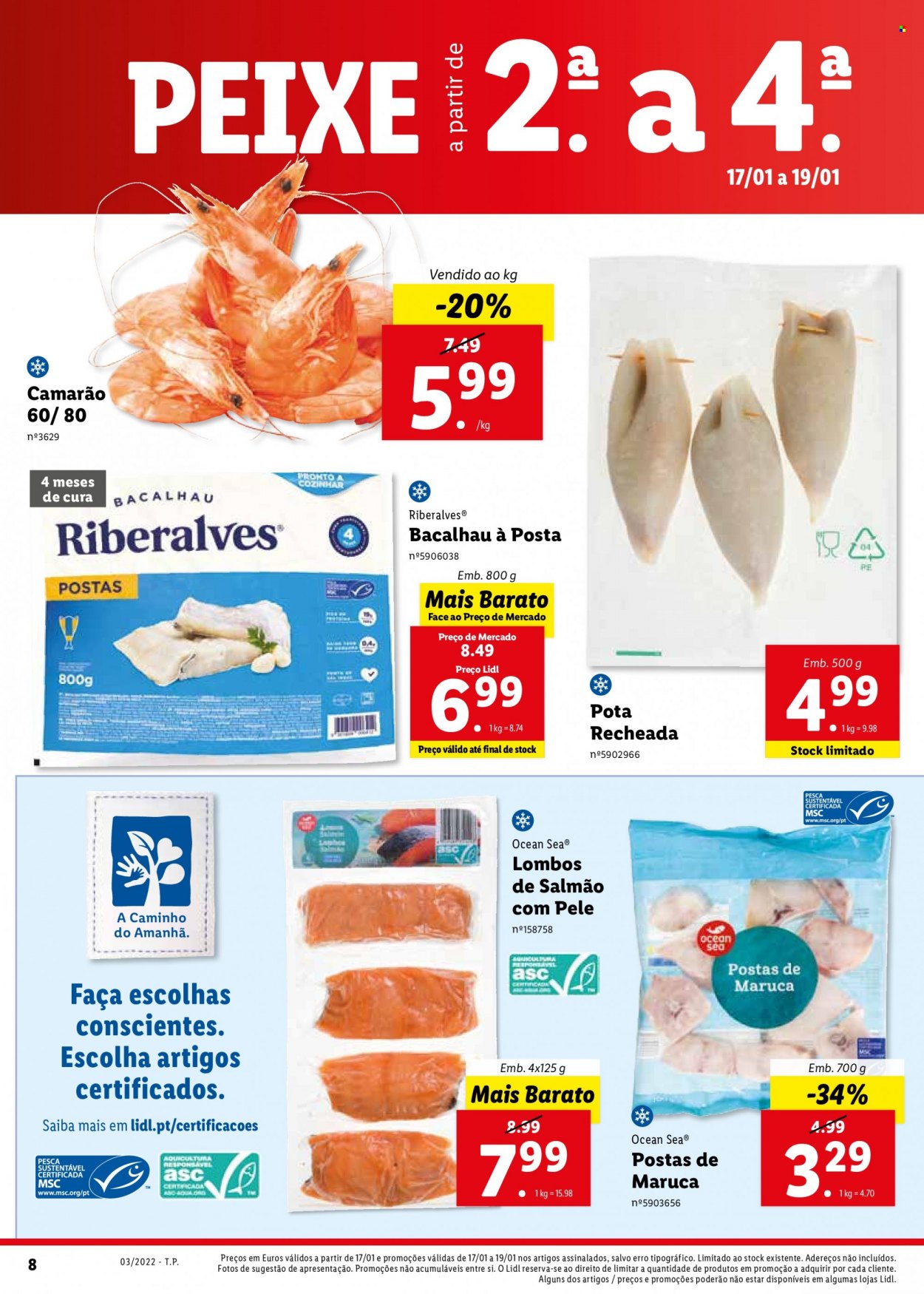 thumbnail - Folheto Lidl - 17.1.2022 - 23.1.2022 - Produtos em promoção - salmão, camarão, bacalhau, maruca, faca. Página 26.