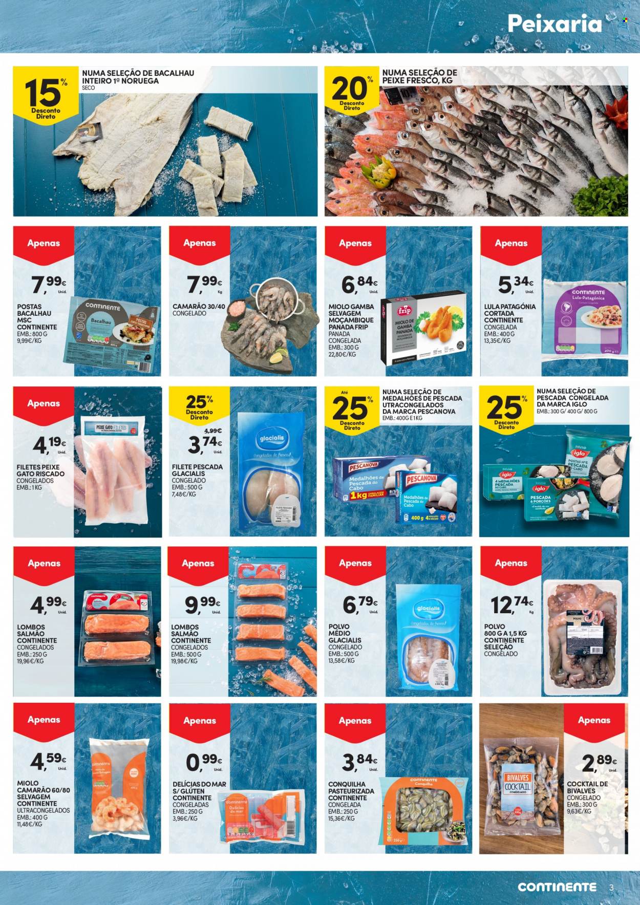 thumbnail - Folheto Continente Modelo - 13.1.2022 - 19.1.2022 - Produtos em promoção - Patagonia, camarão, bacalhau, polvo, frutos do mar, Iglo, lula, filetes de peixe, gamba. Página 3.