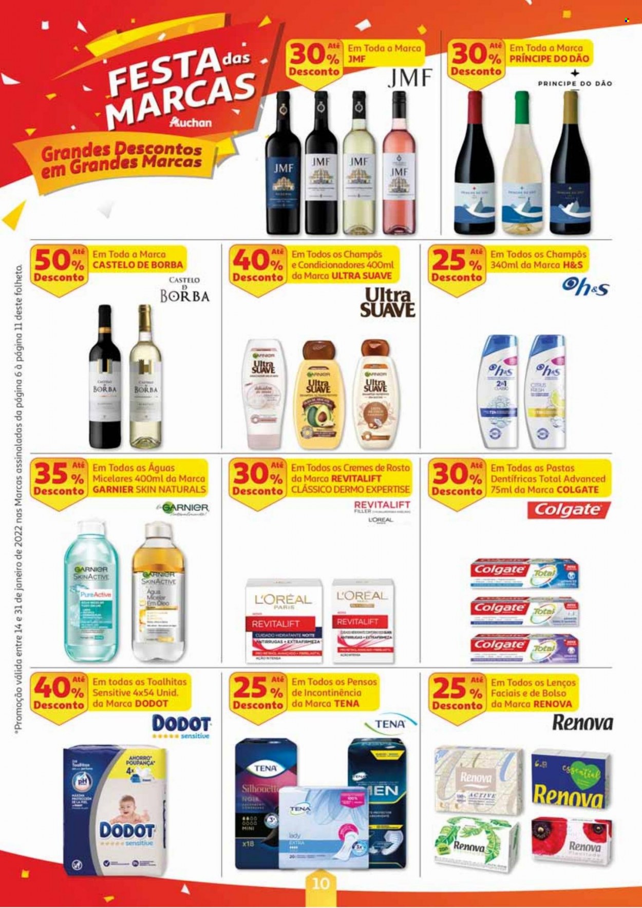 thumbnail - Folheto Auchan - 14.1.2022 - 31.1.2022 - Produtos em promoção - água, toalha umedecida, Dodot, lenço, L’Oréal, Colgate, Tena, Garnier, pensos. Página 10.