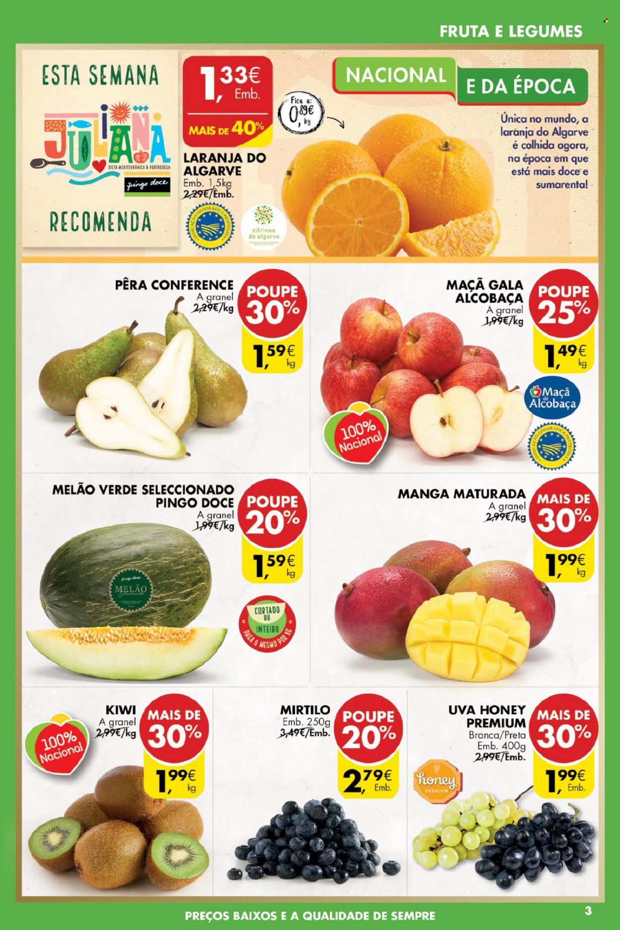thumbnail - Folheto Pingo Doce - 18.1.2022 - 24.1.2022 - Produtos em promoção - maçã, pera, kiwi, laranja, melão, uva, mirtilo, manga, melão verde. Página 3.