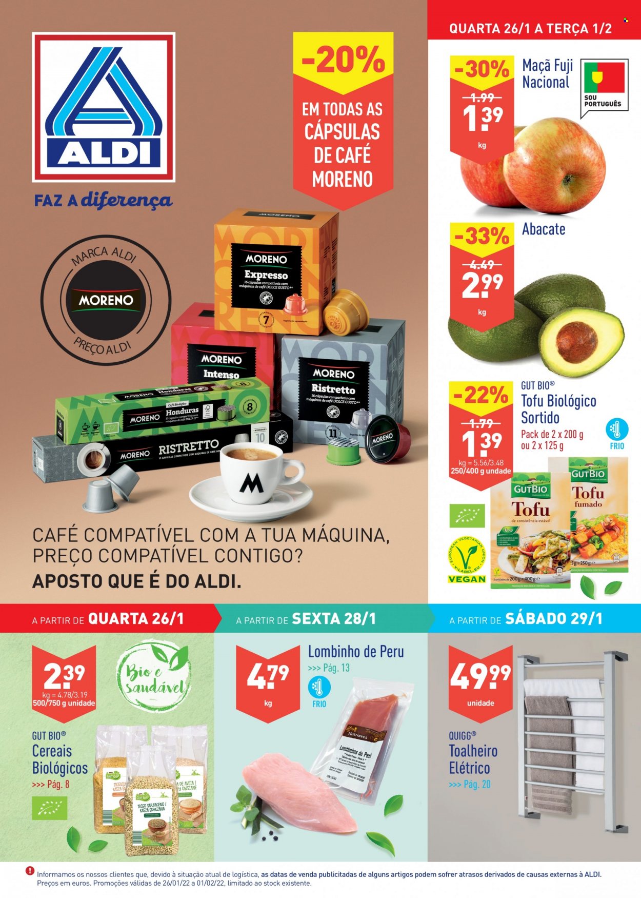 thumbnail - Folheto Aldi - 26.1.2022 - 1.2.2022 - Produtos em promoção - maçã, abacate, perú, cereais, tofu, cápsulas de café. Página 1.