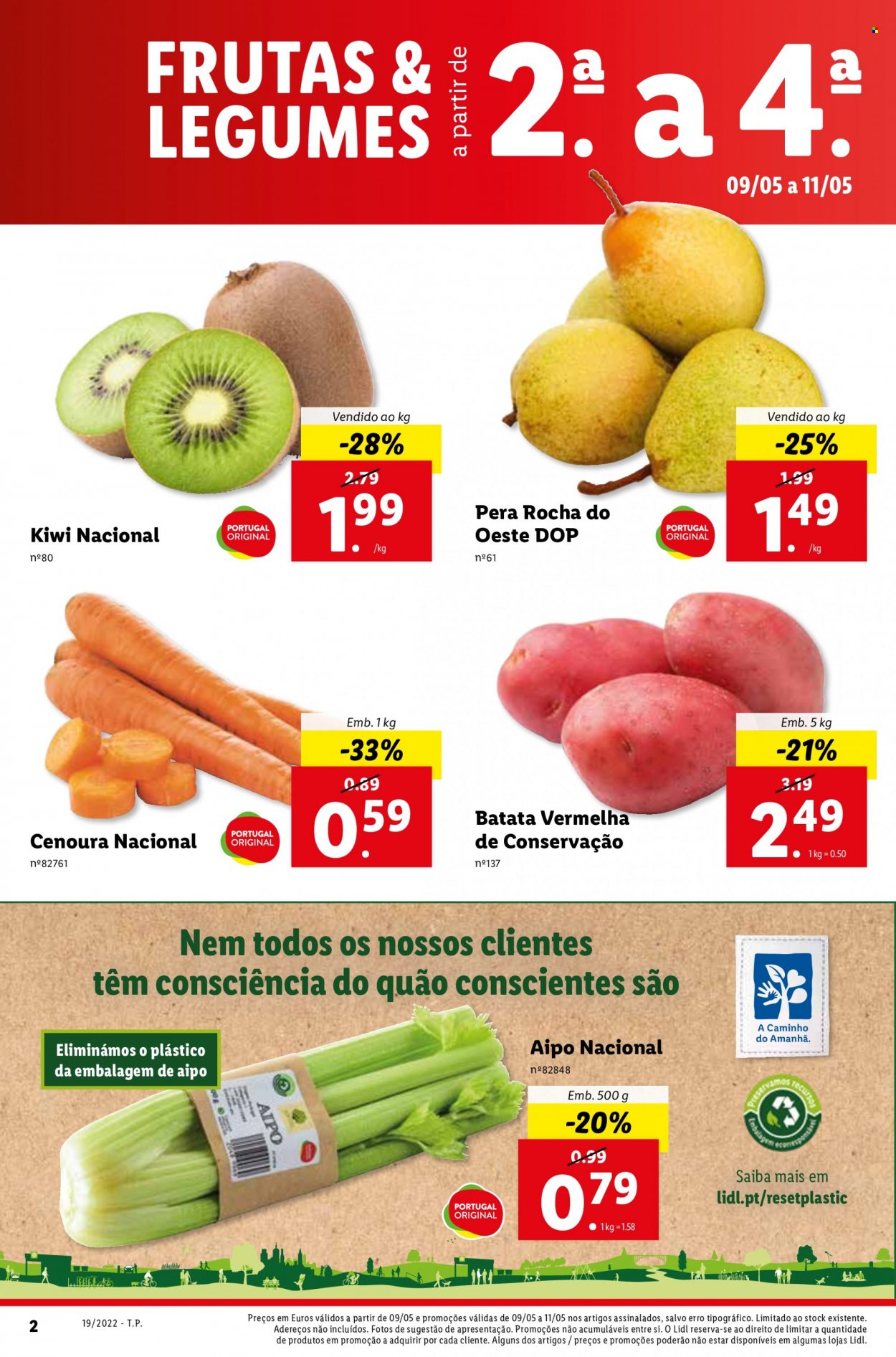Folheto Lidl - 9.5.2022 - 15.5.2022 - Produtos em promoção - pera, kiwi, batata, cenoura, batata roxa. Página 2.