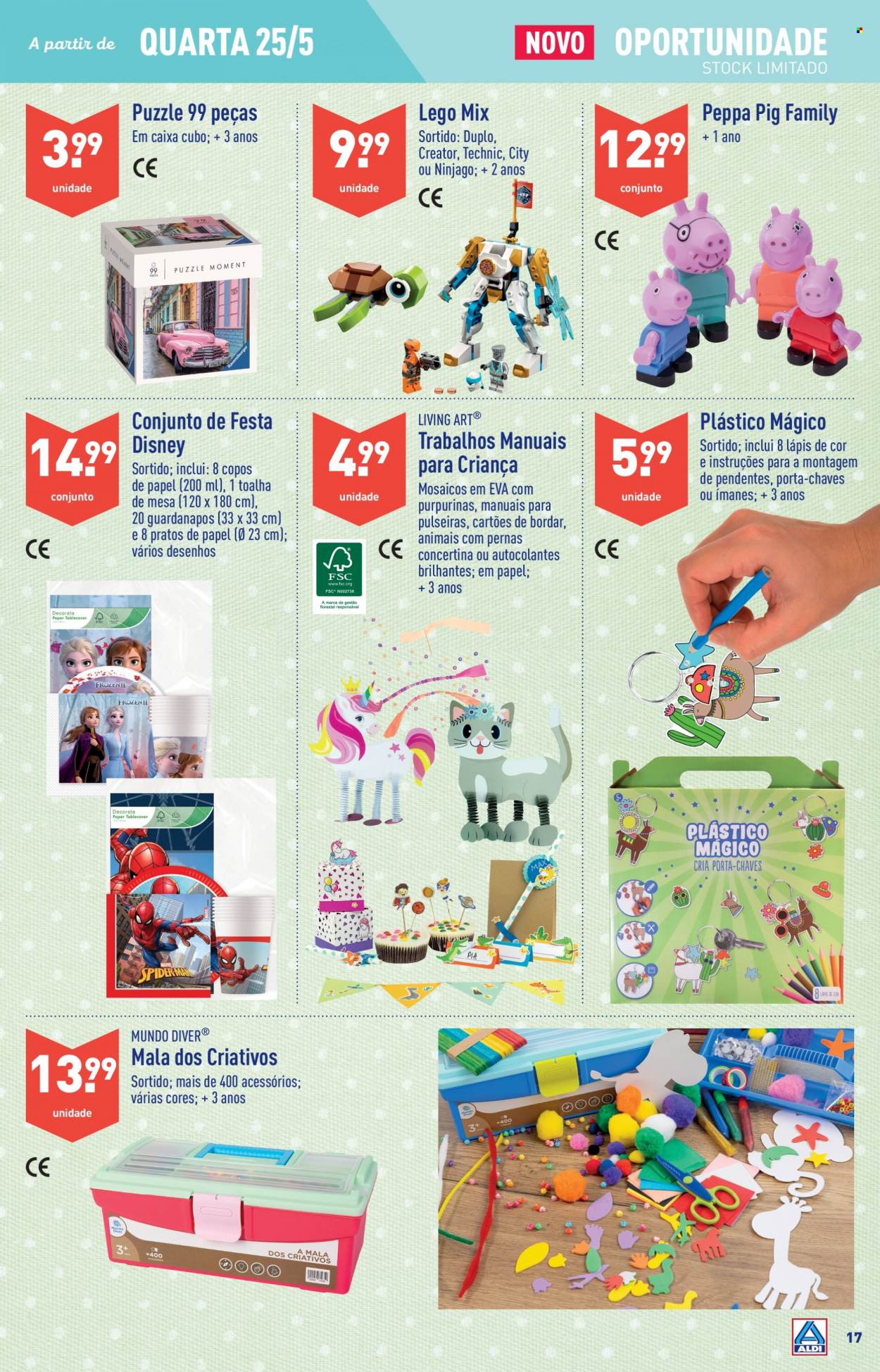 thumbnail - Folheto Aldi - 25.5.2022 - 31.5.2022 - Produtos em promoção - Disney, guardanapo, lápis, LEGO, lápis de cor, toalha de mesa, toalha, porta-chaves, puzzle. Página 17.