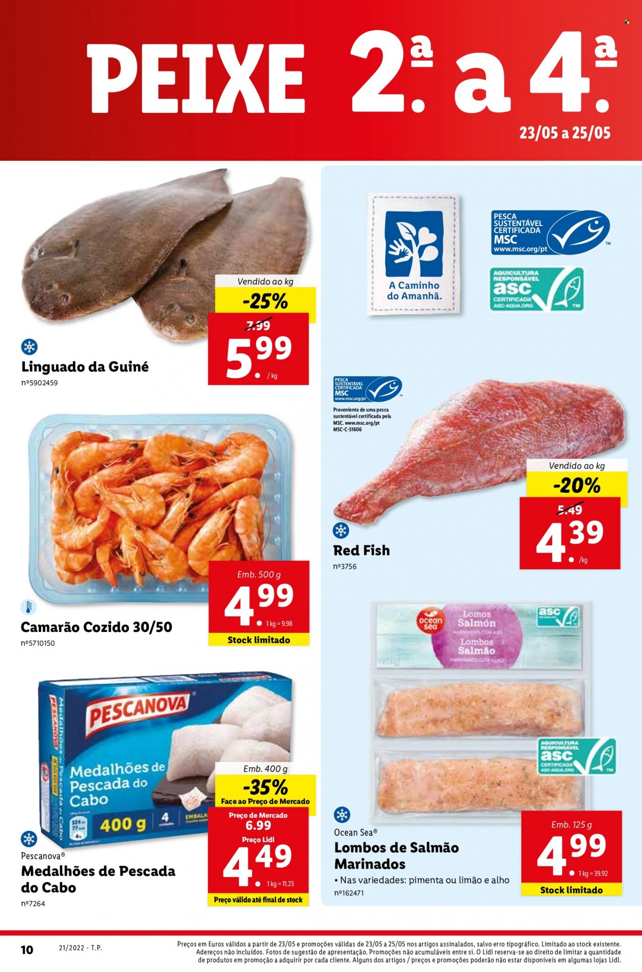 thumbnail - Folheto Lidl - 23.5.2022 - 29.5.2022 - Produtos em promoção - salmão, camarão, linguado, peixe, filetes de peixe, red fish. Página 10.