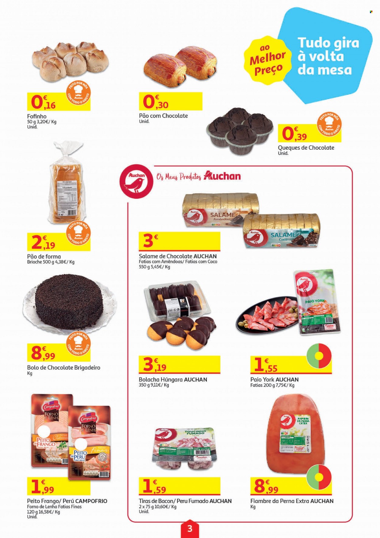 thumbnail - Folheto Auchan - 19.5.2022 - 1.6.2022 - Produtos em promoção - pão, pão de forma, bolo, bolo de chocolate, doce de brigadeiro, perú, salame, fiambre, tiras de bacon, bolachas. Página 3.
