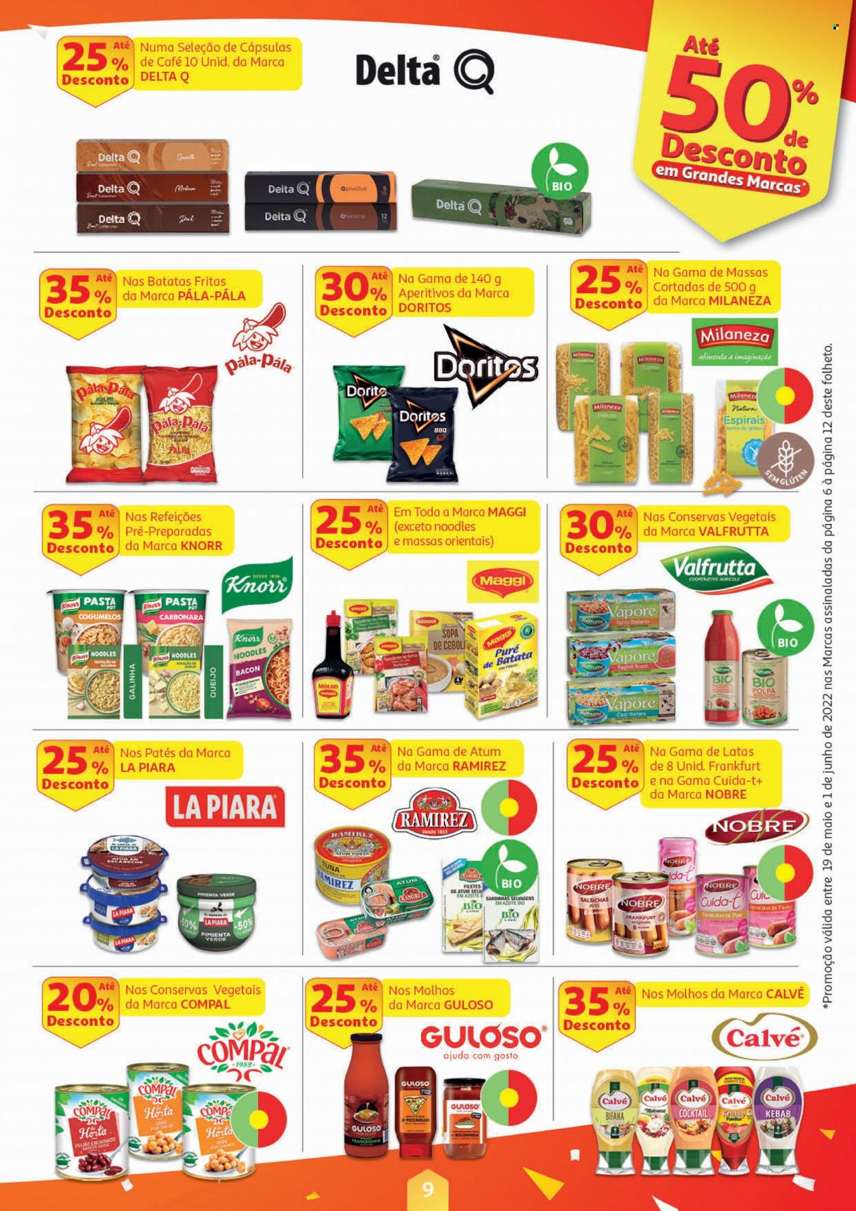 thumbnail - Folheto Auchan - 19.5.2022 - 1.6.2022 - Produtos em promoção - cogumelo, Knorr, sopa, bacon, salsicha, molho, aperitivos, Maggi, sardinhas, massa asiática, Calvé, Compal, Delta Q. Página 9.